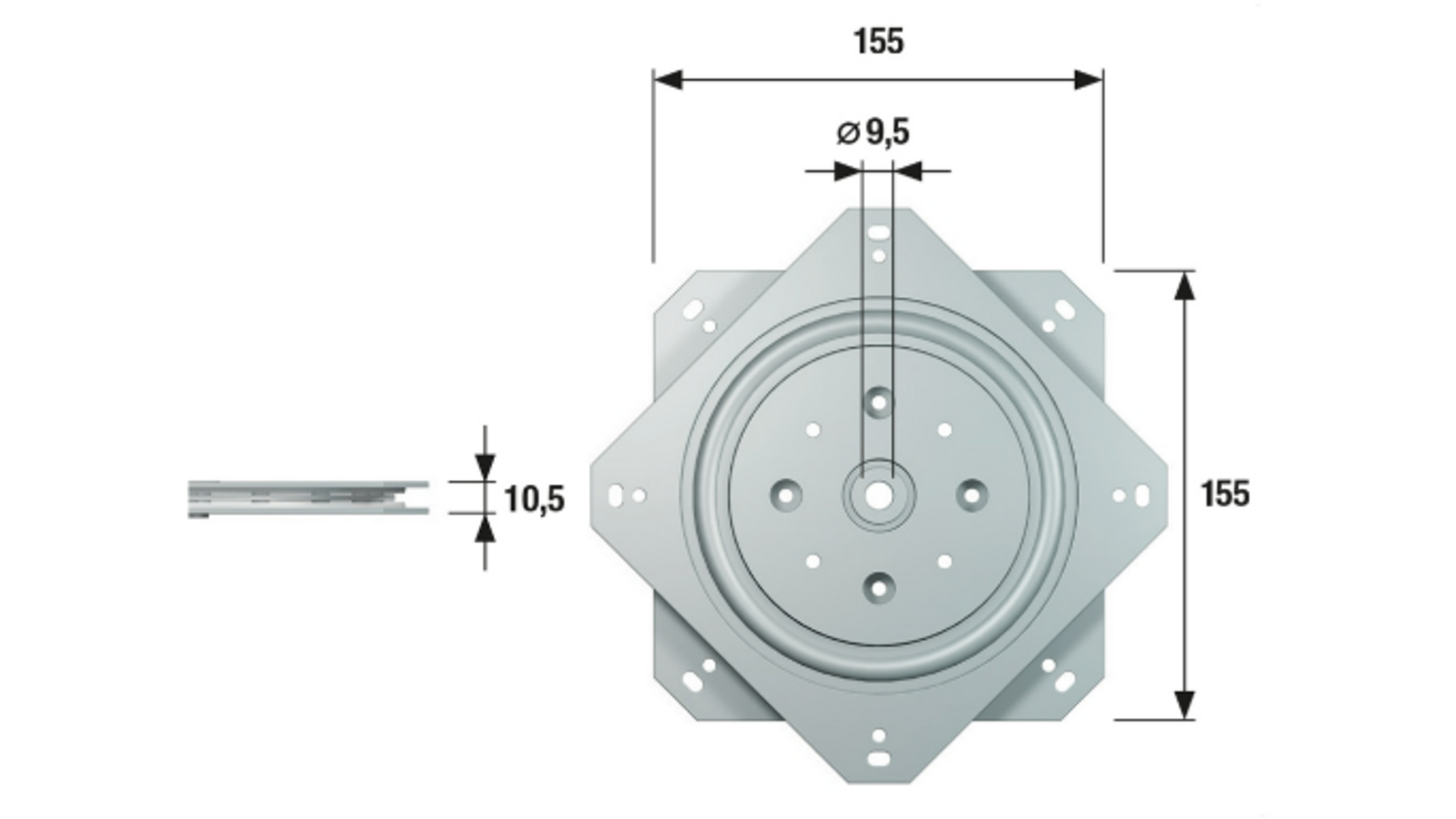 Draaiplaat verzinkt 155 x 155mm, draagkracht 50 kilo