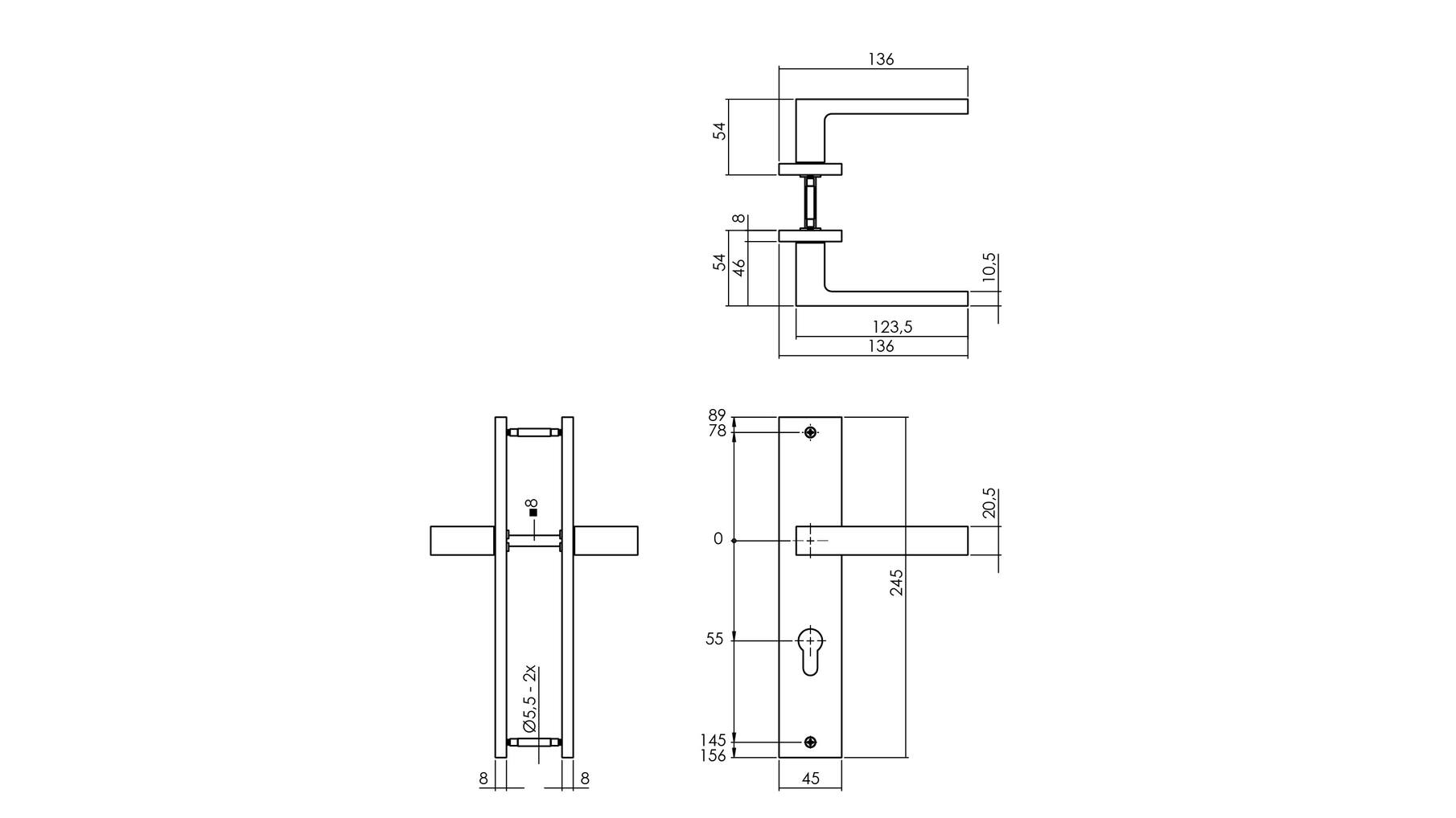 Deurkruk Hera op schild 245x45 mm PCgat 55mm