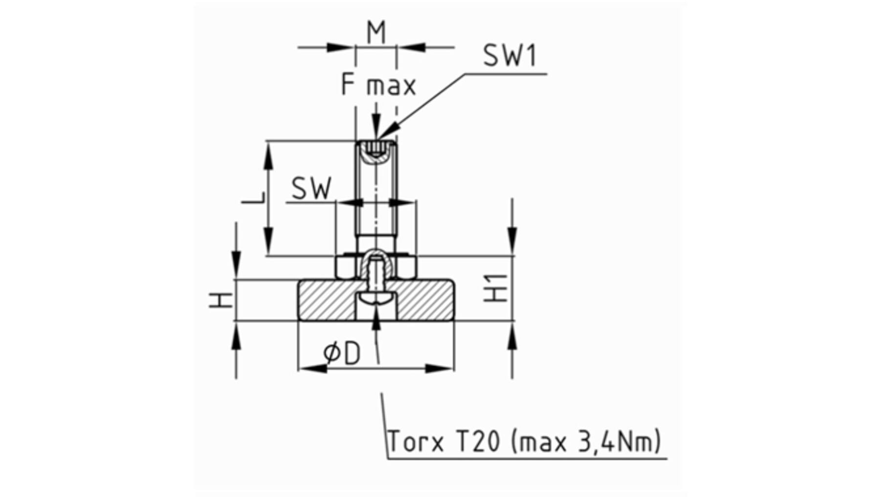 Stelvoet M8x30mm, voetdiameter 20mm,