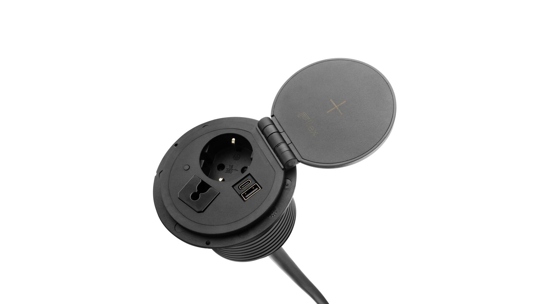 Inbouwmodule QI Power spot zwart, met Schuko Plug,