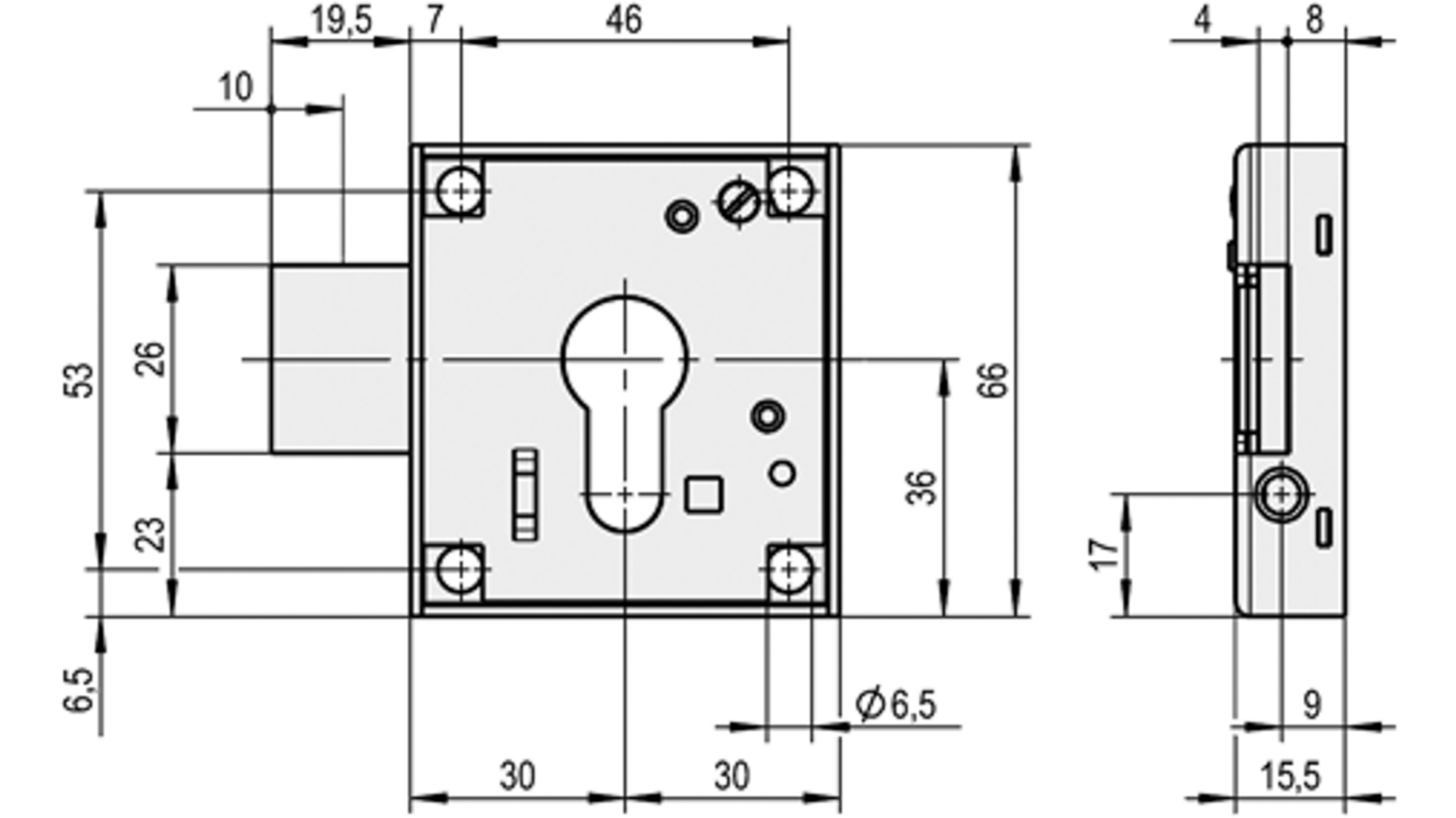 Oplegslot voor PZ cilinder DIN links, penmaat 30mm