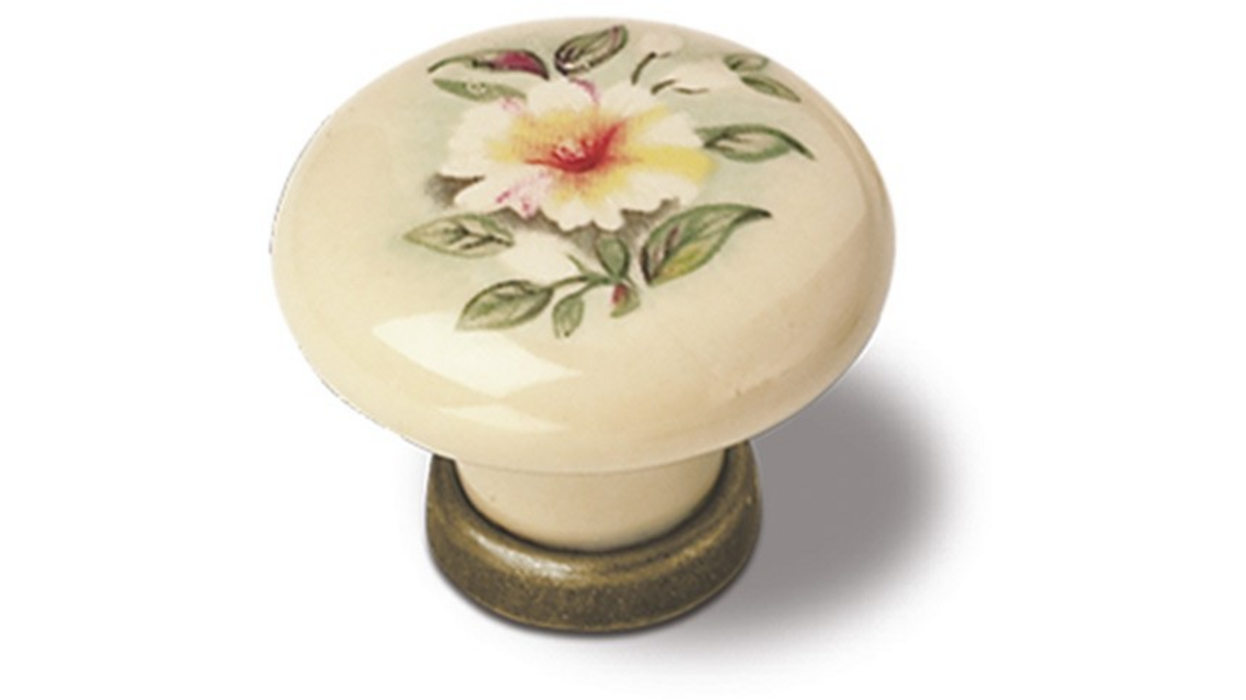 Knop ivoor porselein met bloemmotief, 30mm, voetje oud koper