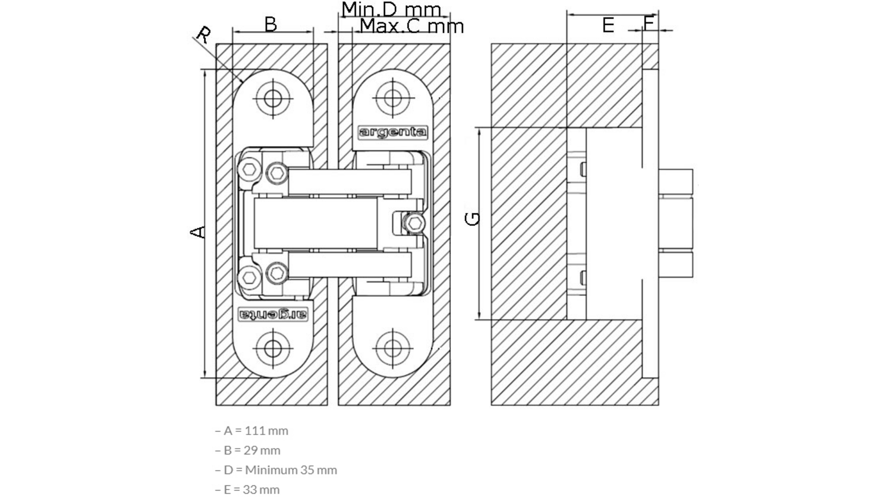 Scharnier invisible Medium mat chroom 111x29mm