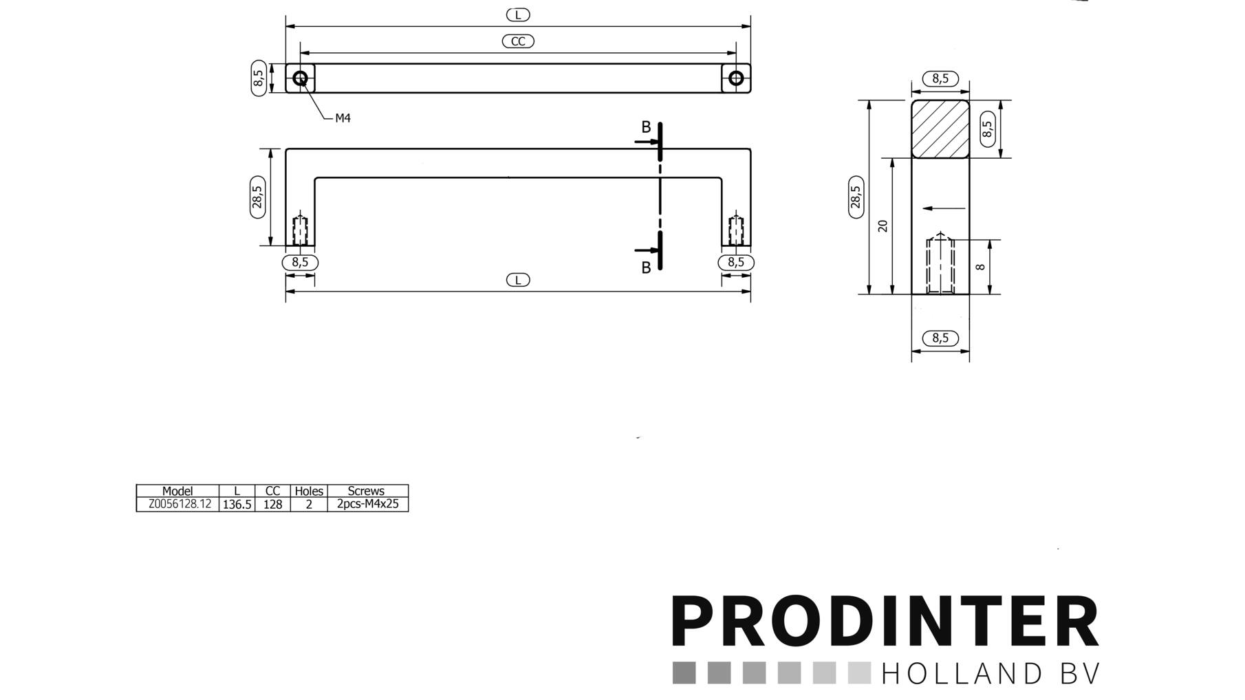 Rechte greep 8,5x192x200.5mm RVS Look