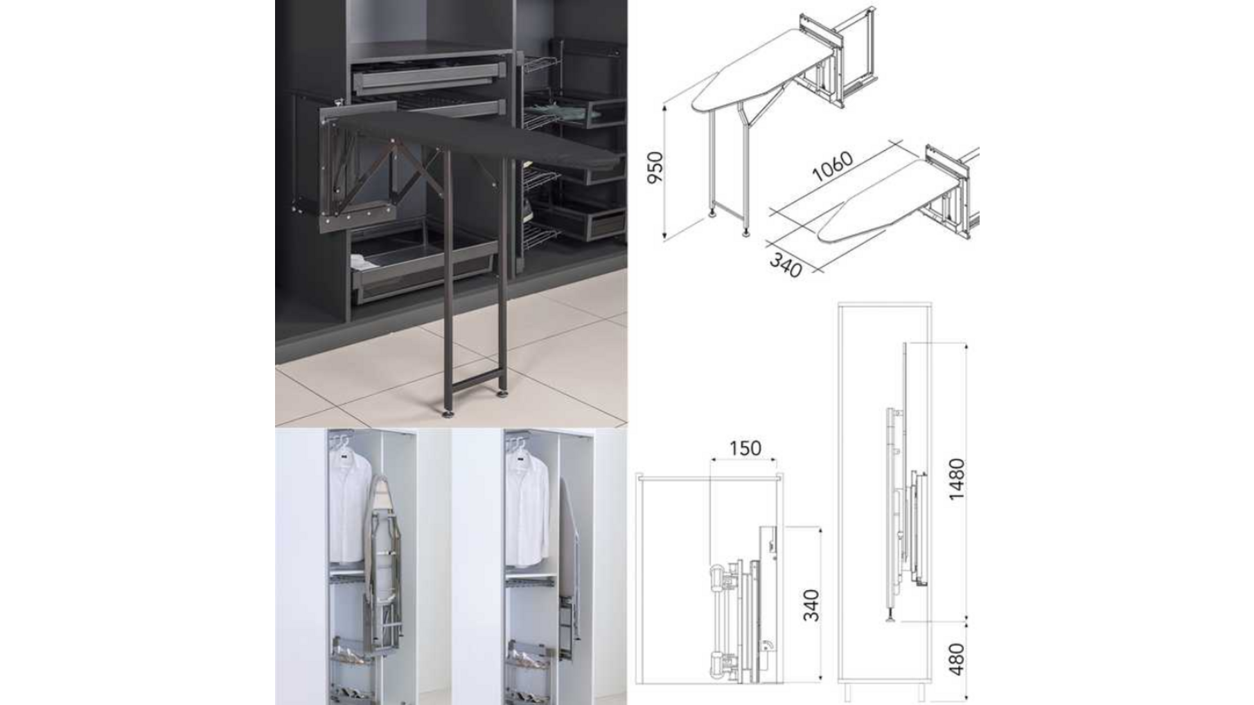 Strijktafel grijs BxDxH 150x340x1480mm, inbouw