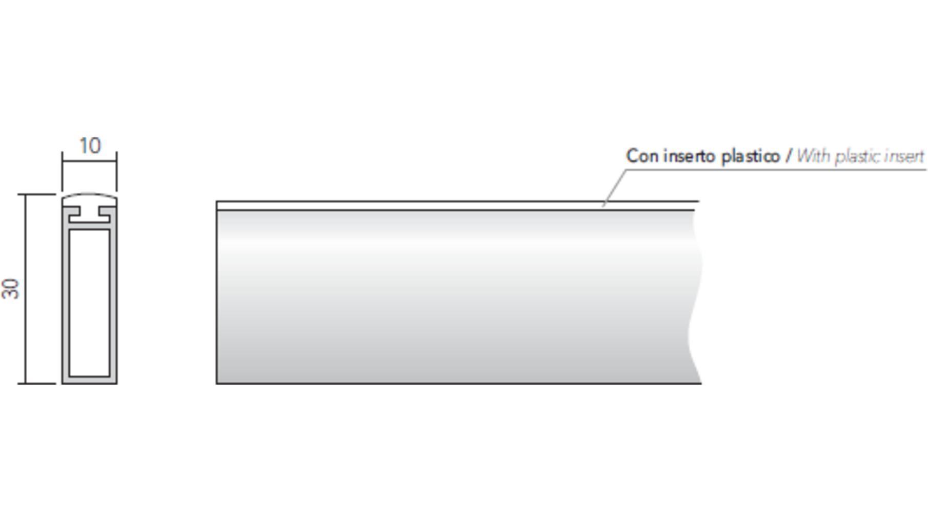 Roede 30x10mm mat zwart met rubber, lengte 2500mm