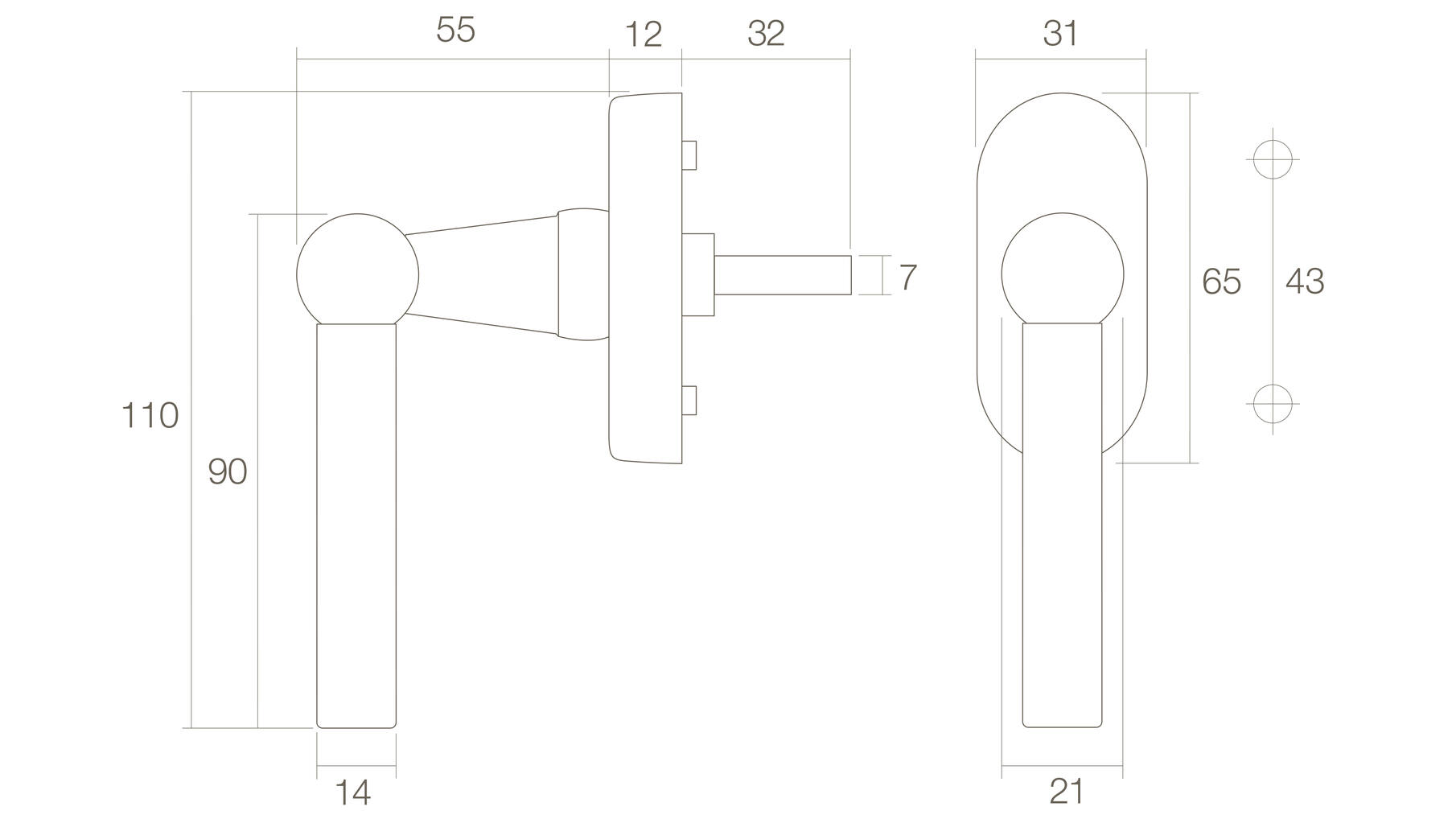 Raamkruk L-model messing getrommeld