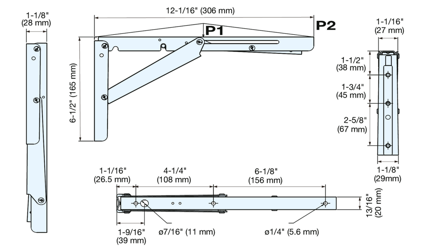 Konsole RVS gepolijst inklapbaar 307mm, hoogte 165mm