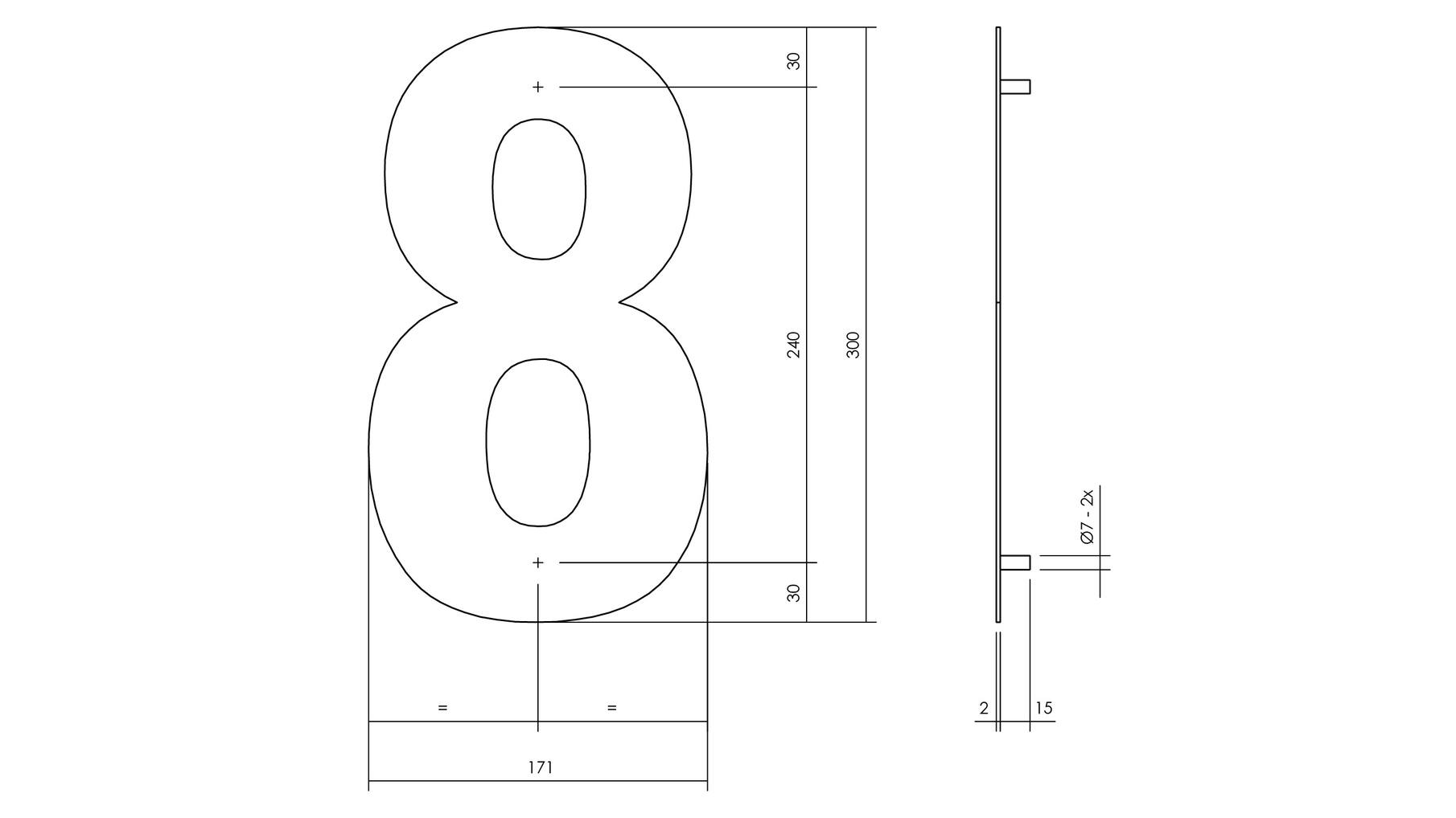 Huisnummer 8 XL hoogte 30cm RVS/mat zwart
