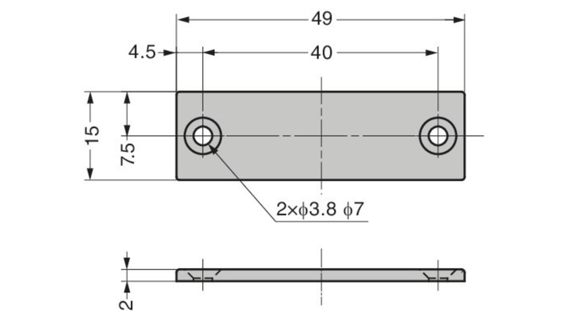 Contraplaat 49x15x2mm, RVS, voor magneetsnapper