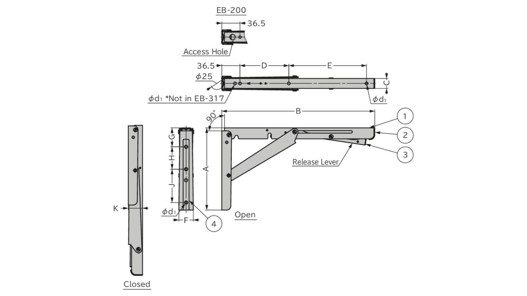 Konsole RVS gepolijst inklapbaar 318,5mm, hoogte 171mm