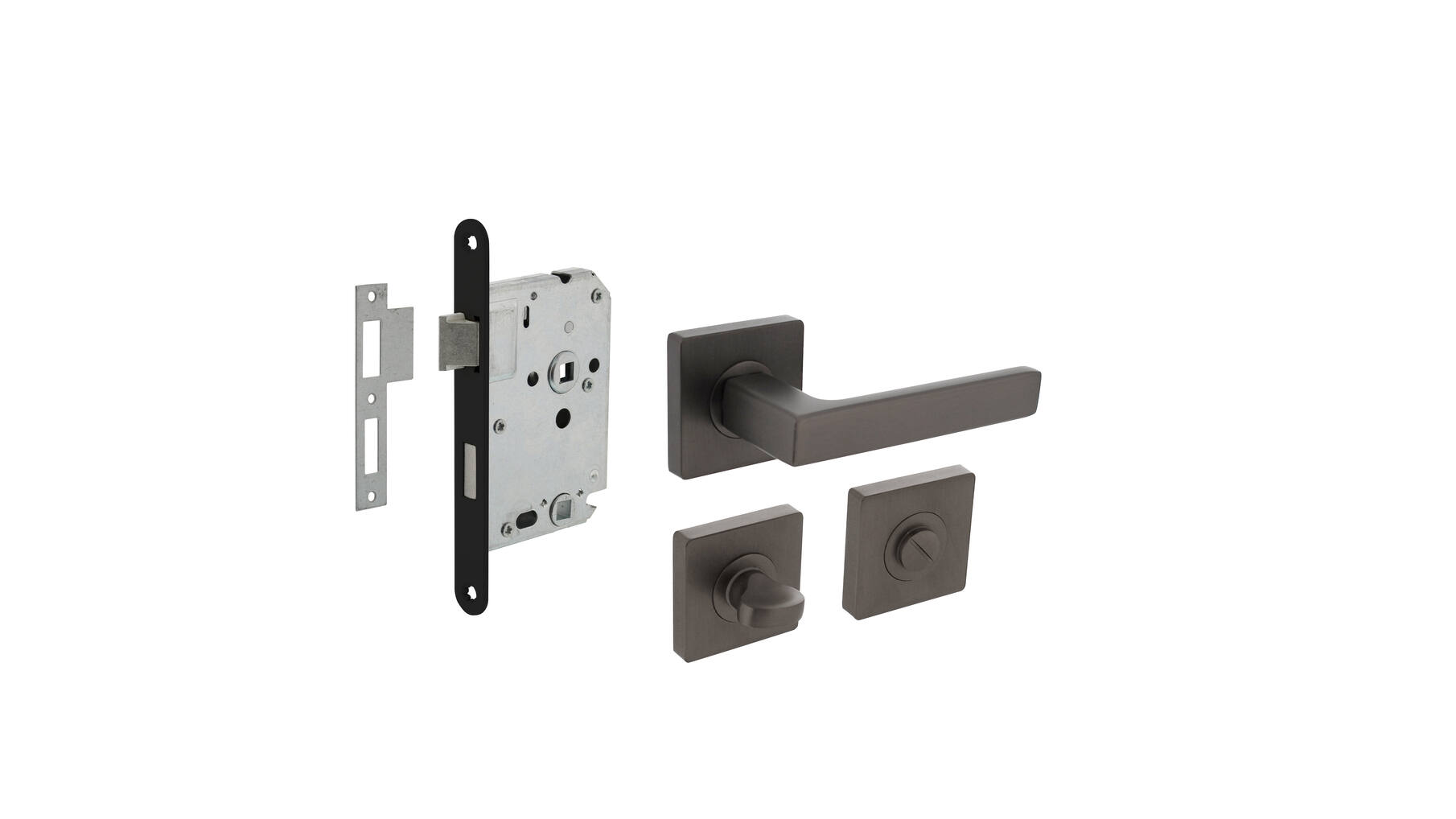 Deurbeslag set toiletslot 63/8mm+deurkruk Hera en WC-sl.