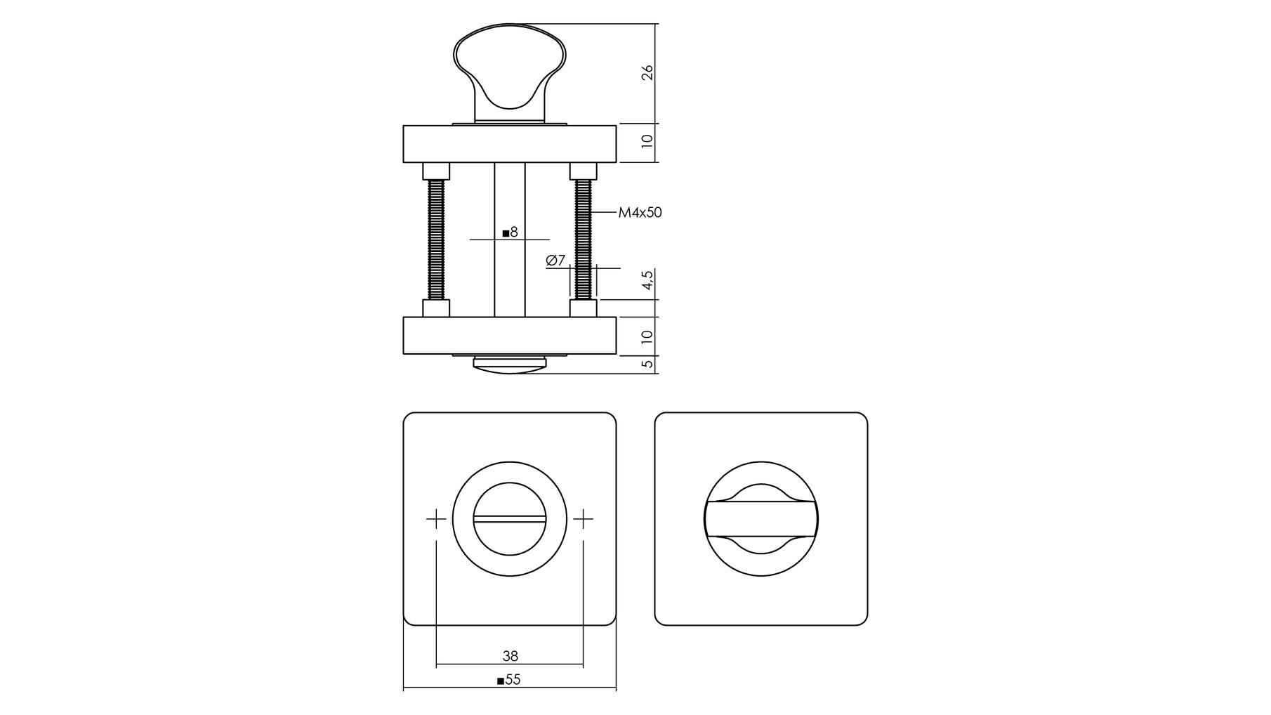 Deurbeslag set toiletslot 63/8mm+deurkruk Hera en WC-sl.