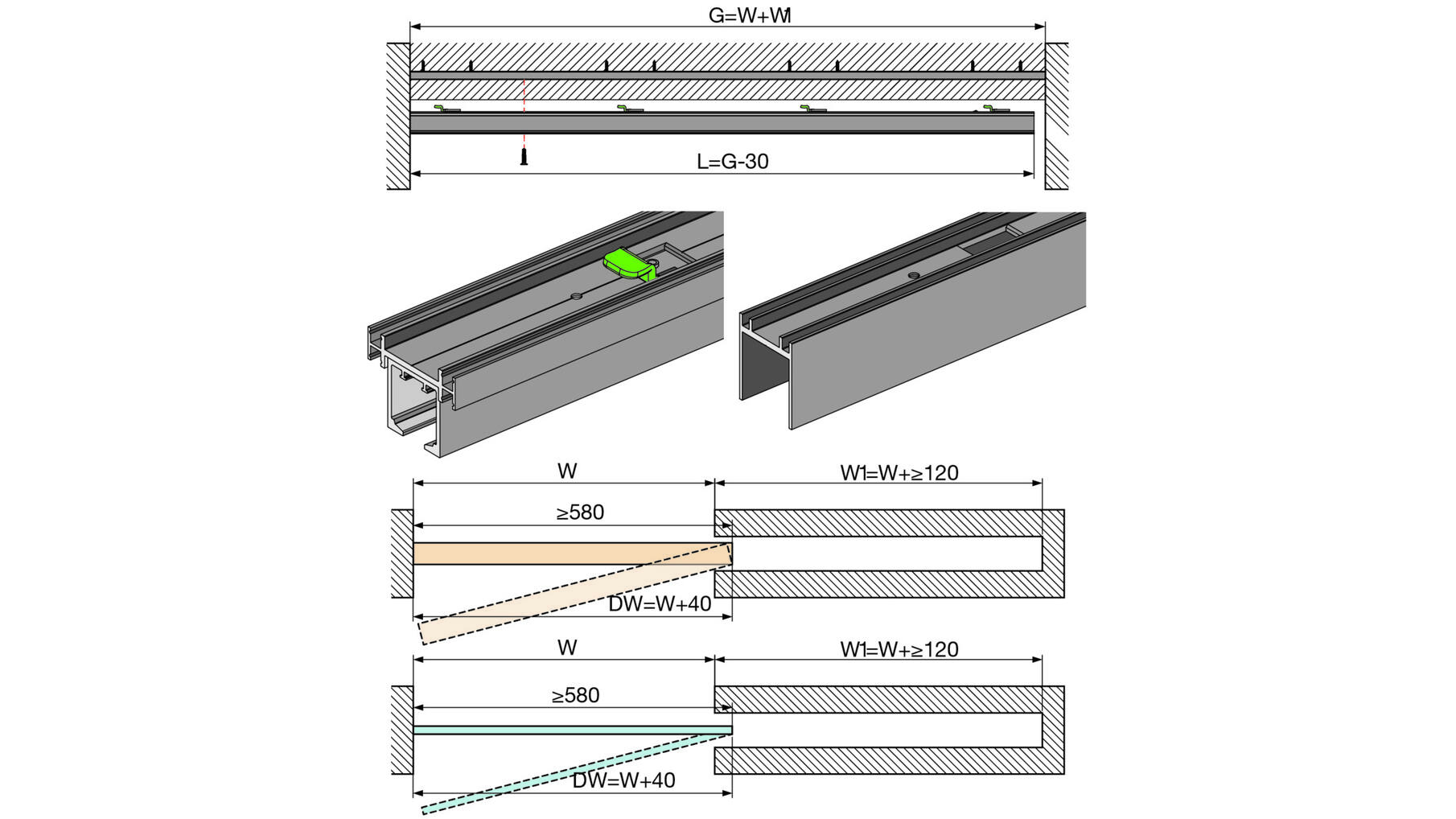 Spaceship Pocket bovenrail, lengte 2050mm, aluminium