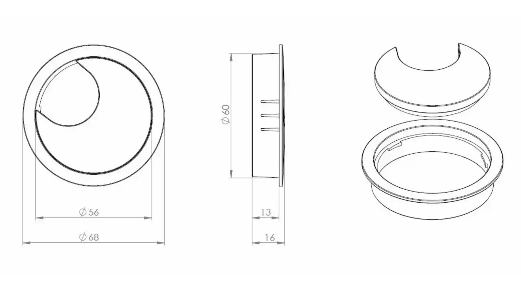 Kabeldoorvoer 60mm met borstel, zwart,  diepte 13mm