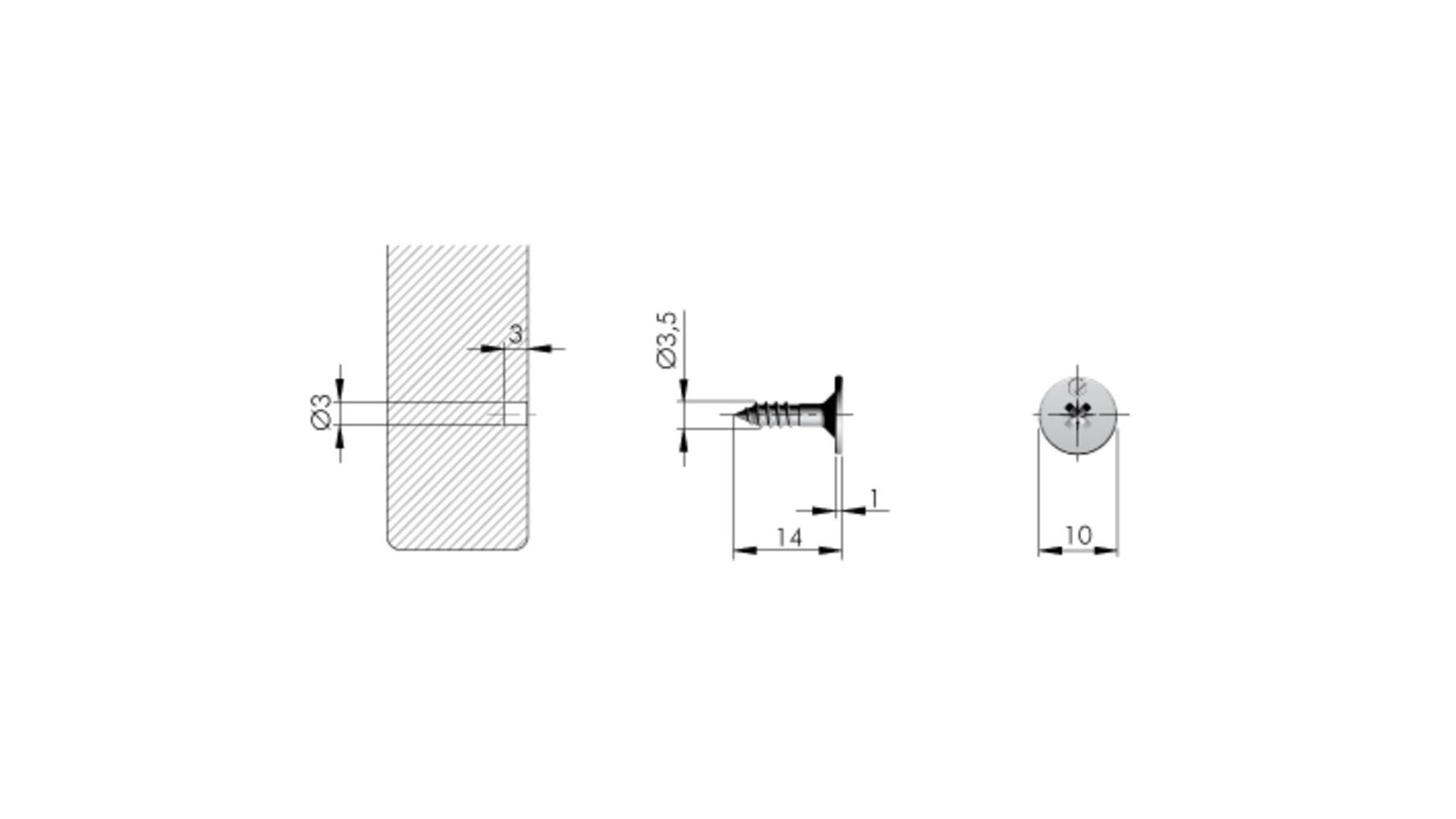 Contraplaat met schroef voor 3mm gat, kruiskop, plaat 10mm
