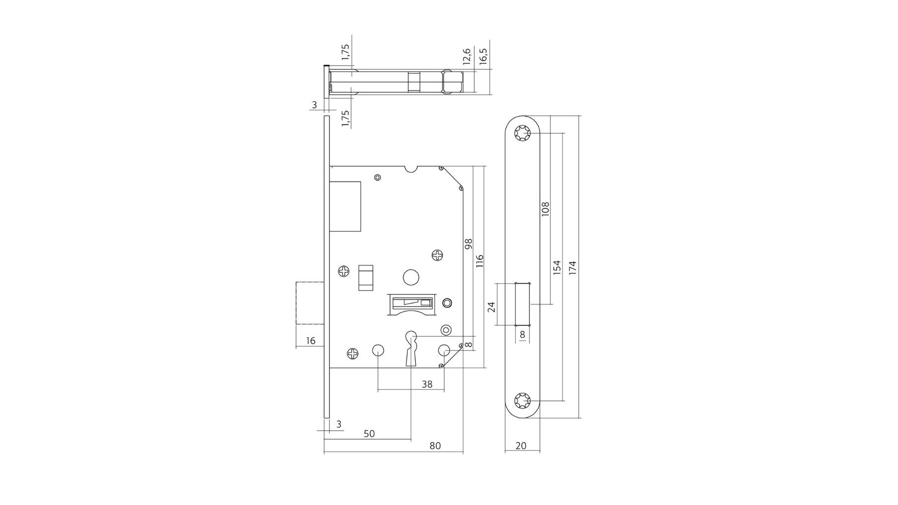 Woningbouw klavier kastslot 55 mm zwart