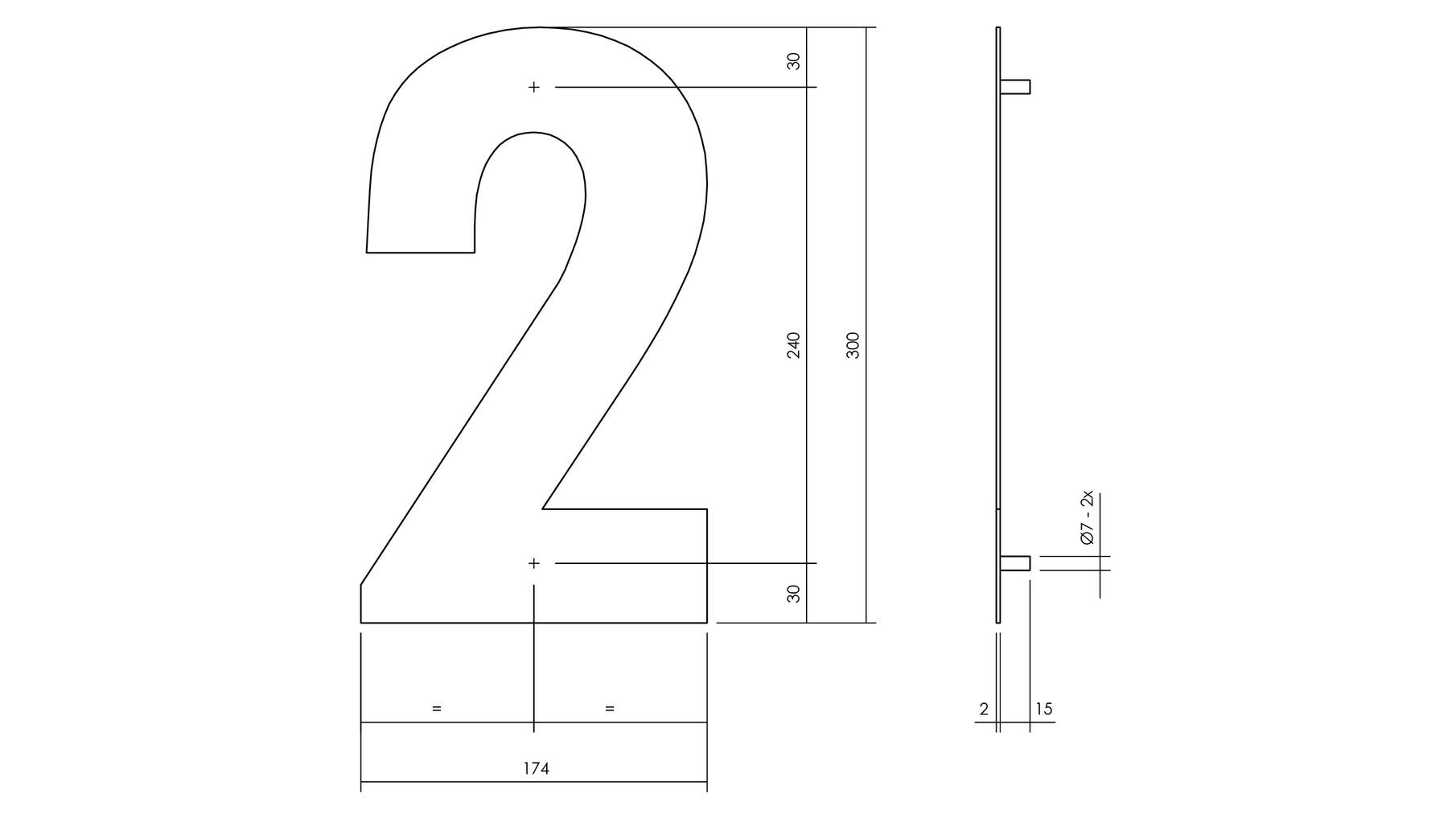 Huisnummer 2 XL hoogte 30cm RVS/mat zwart
