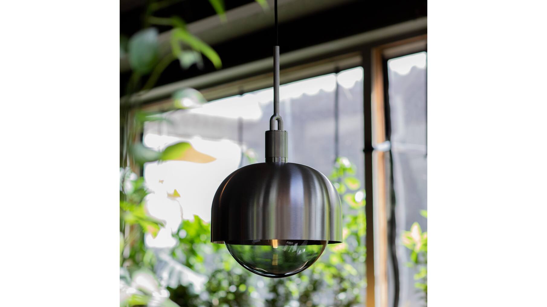 Forked Pendant/Steel/Large Steel Shade/Large Smoked Gl