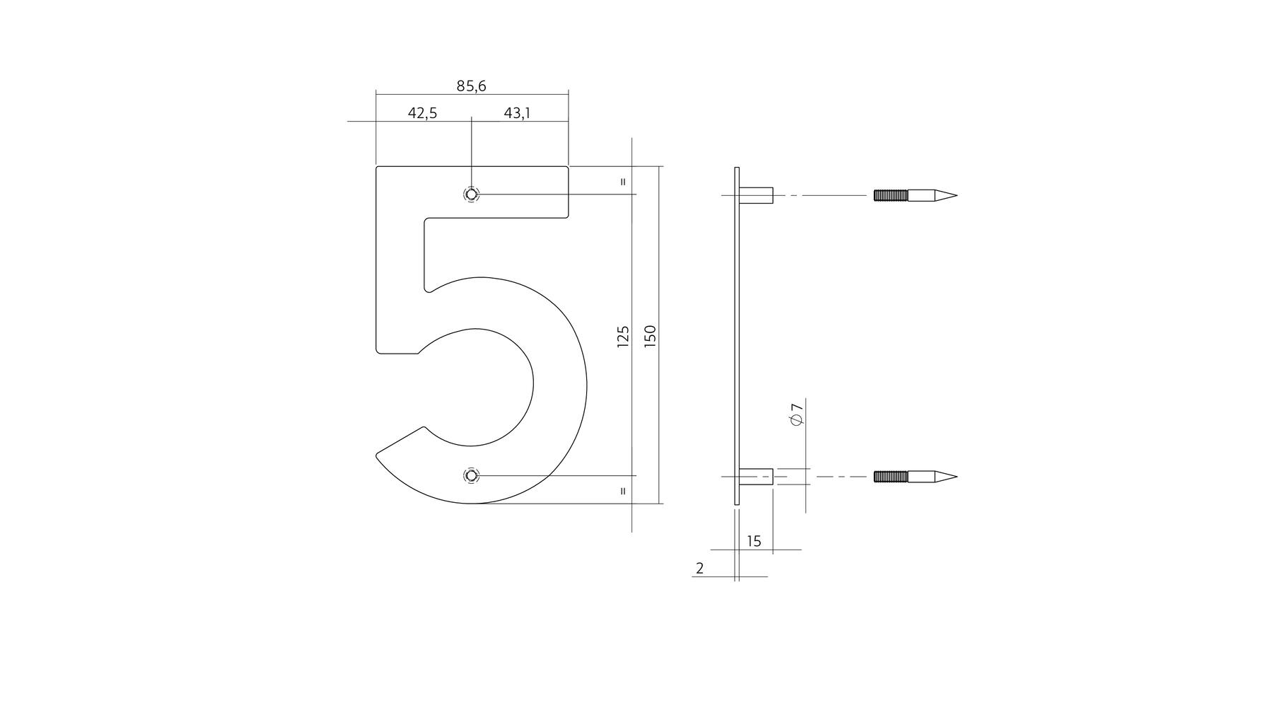 Huisnummer 5 150x2mm RVS geborsteld