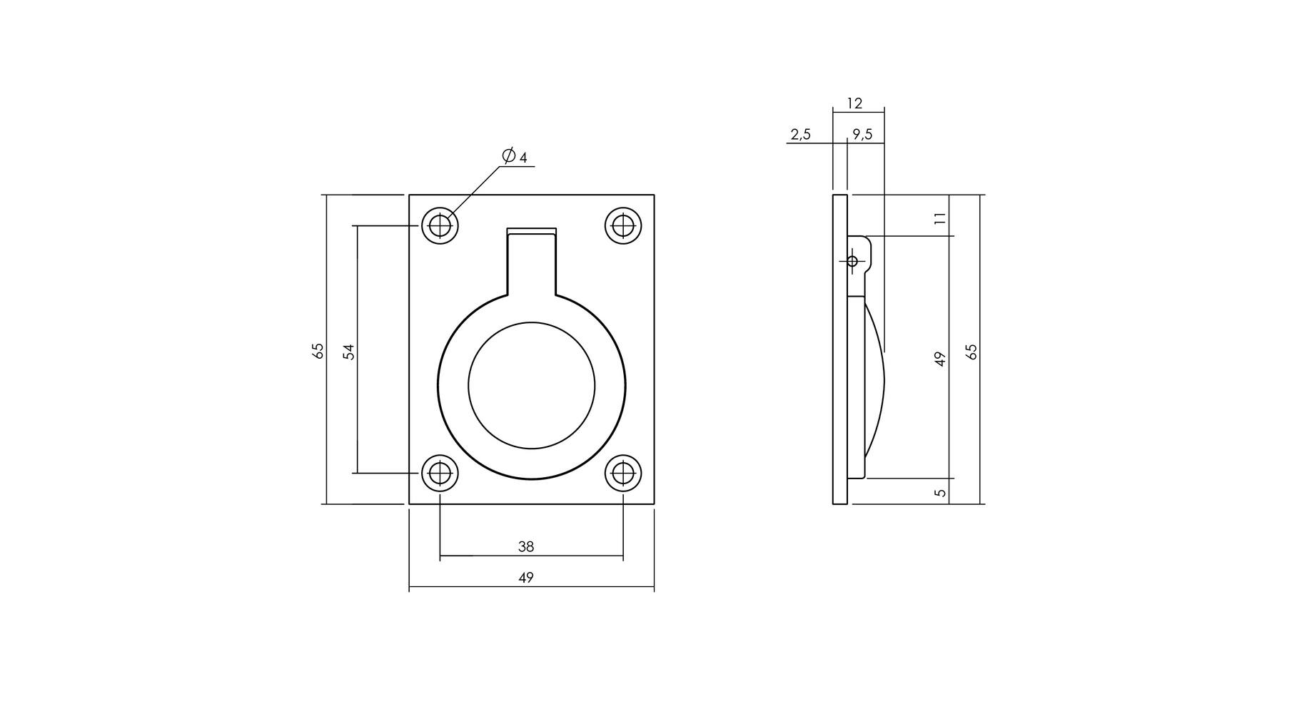 Luikring rechthoekig 65 x 49 mm messing getrommeld