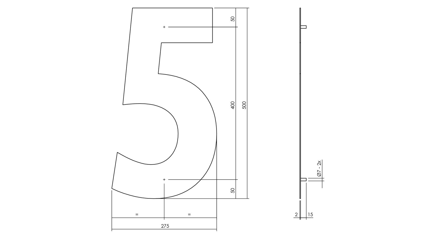 Huisnummer 5 XXL hoogte 50cm RVS/mat zwart