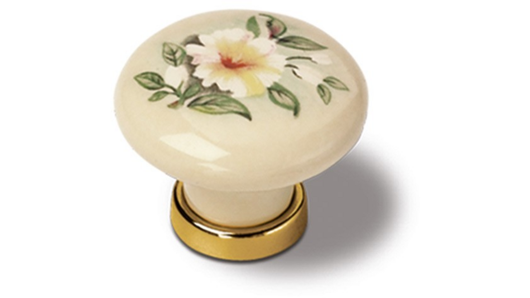 Knop ivoor porselein met bloemmotief, 30mm, voetje verguld