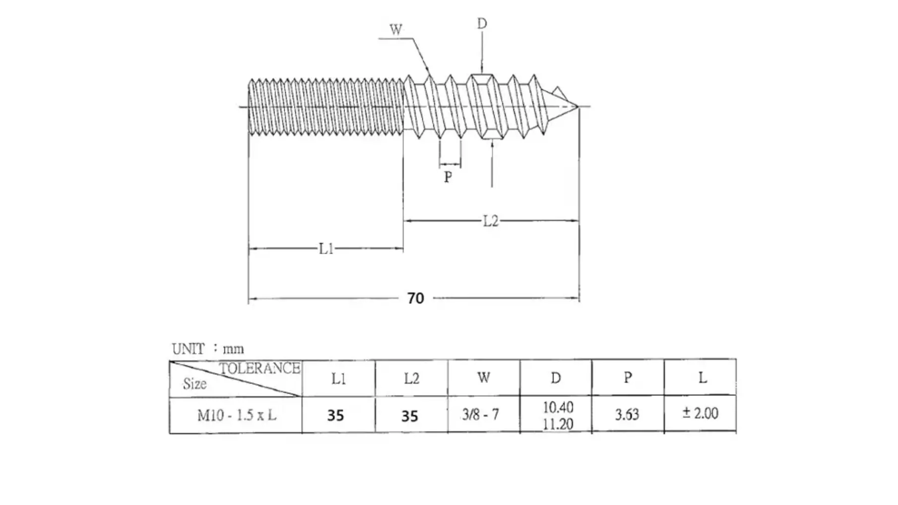 Tafelschroef M10x70mm, 50/50 geel verzinkt, VE=100