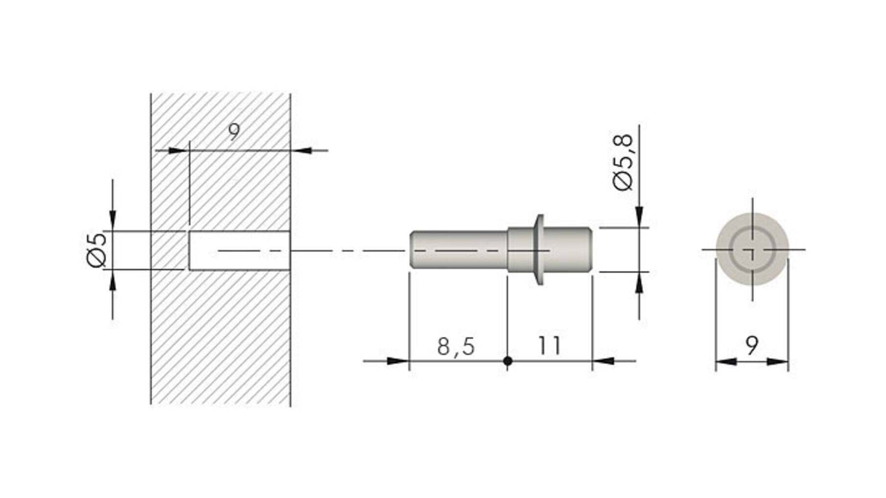 Pen verzinkt voor Flipper, diameter 5mm x 8,5mm lang