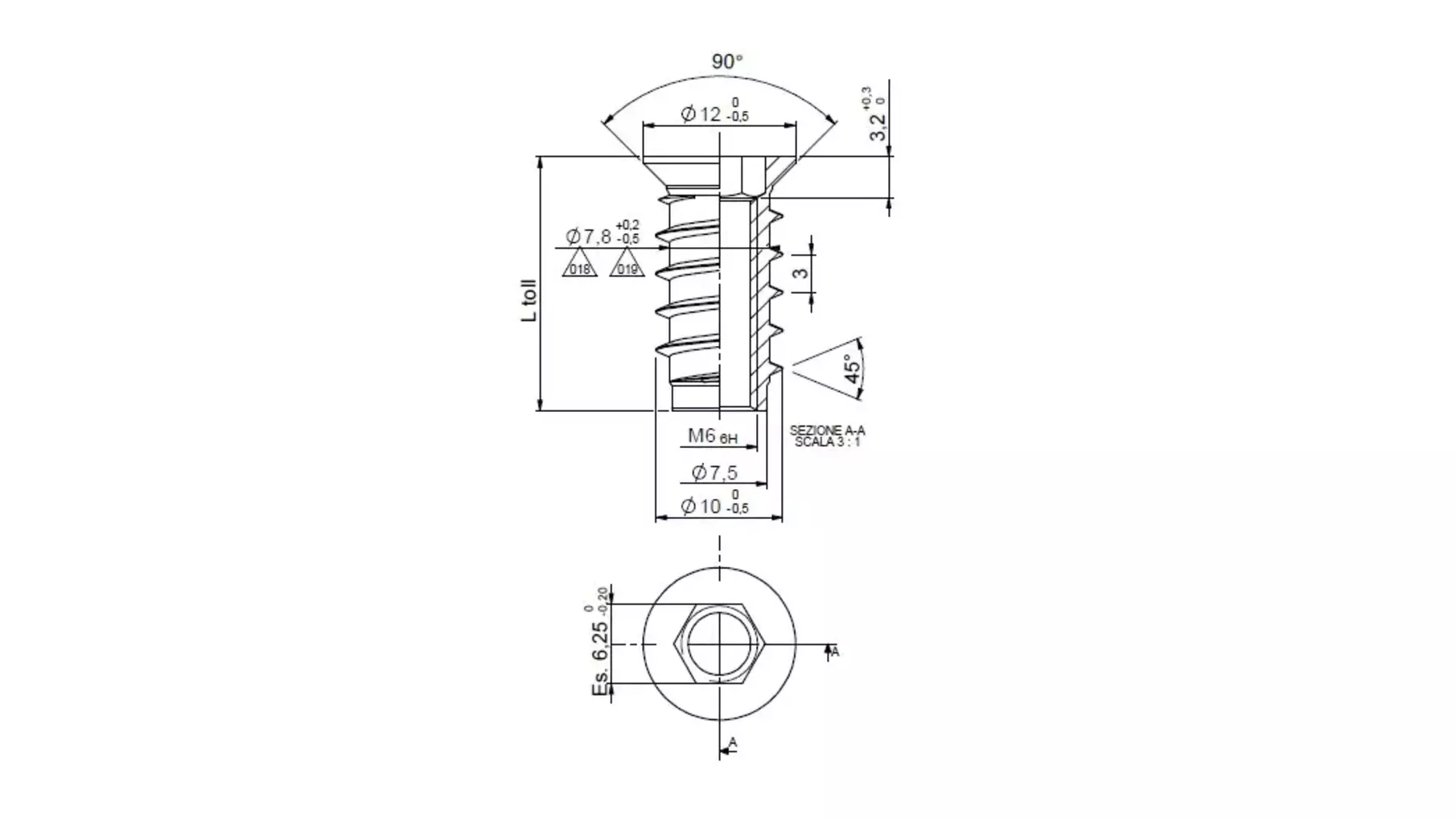 Rampabus staal met rand M6, lengte 12mm, kop 12mm