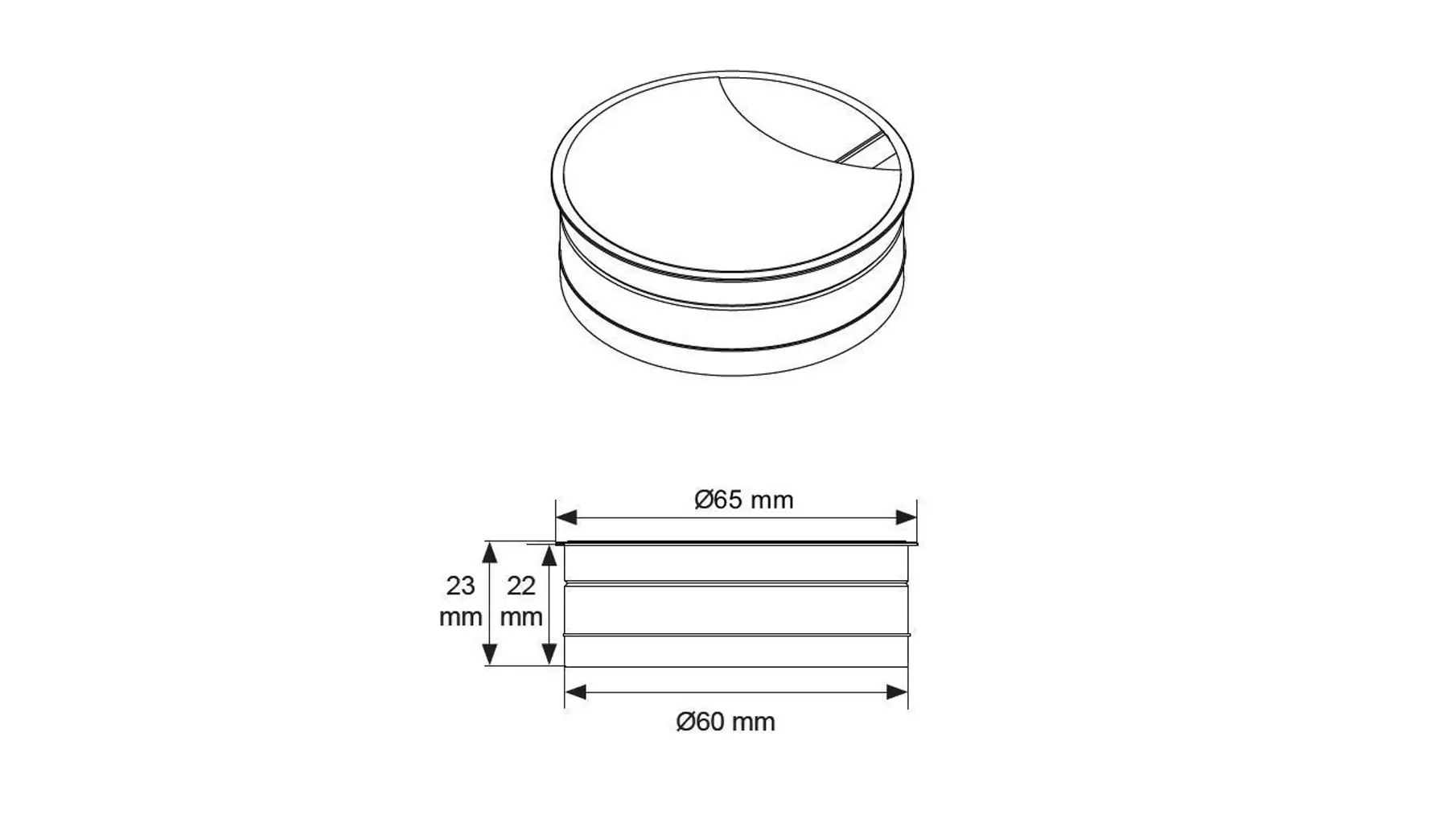 Kabeldoorvoer 60mm aluminium zwart geanodiseerd, diepte 22mm