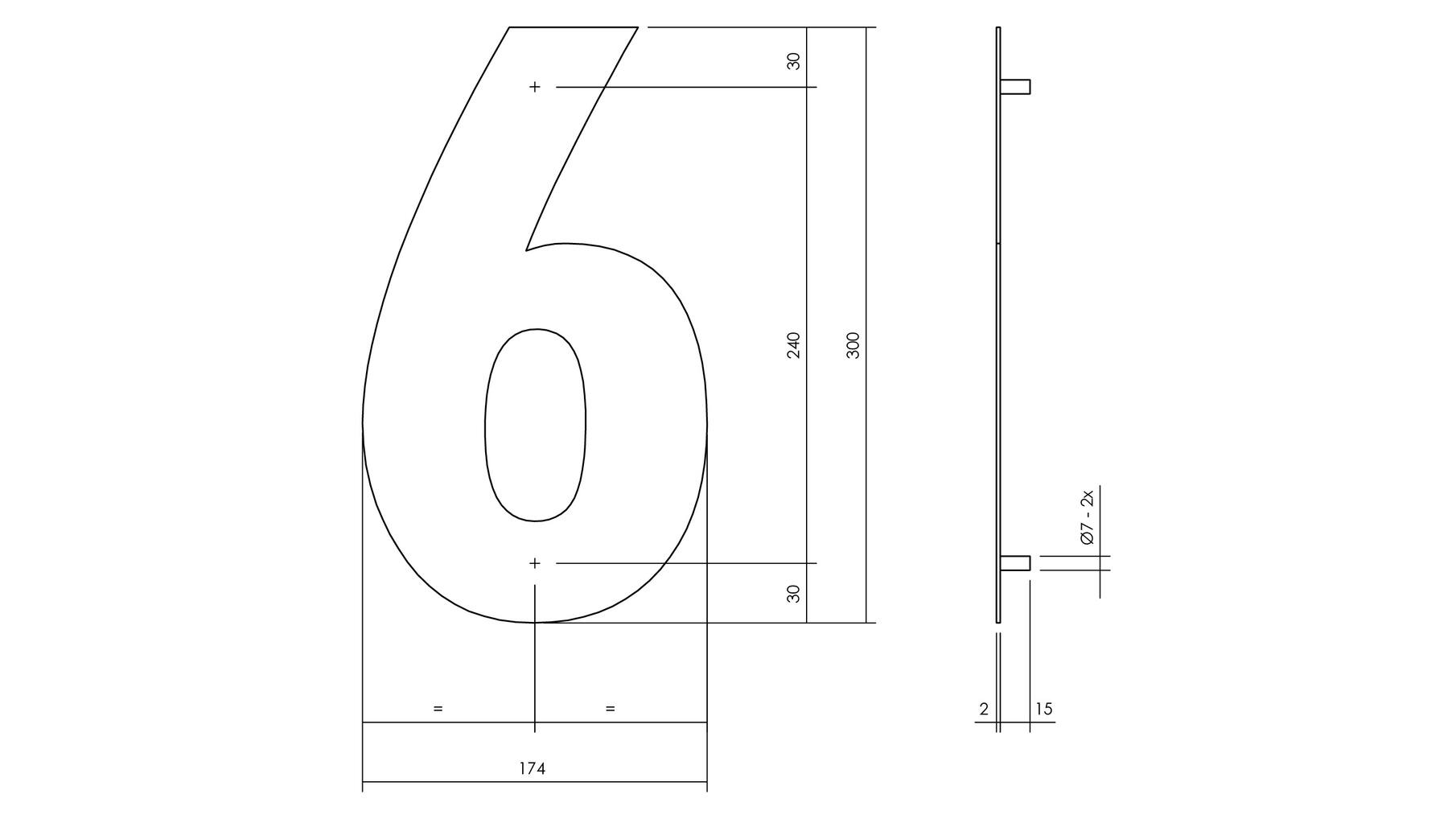 Huisnummer 6 XL hoogte 30cm RVS/mat zwart