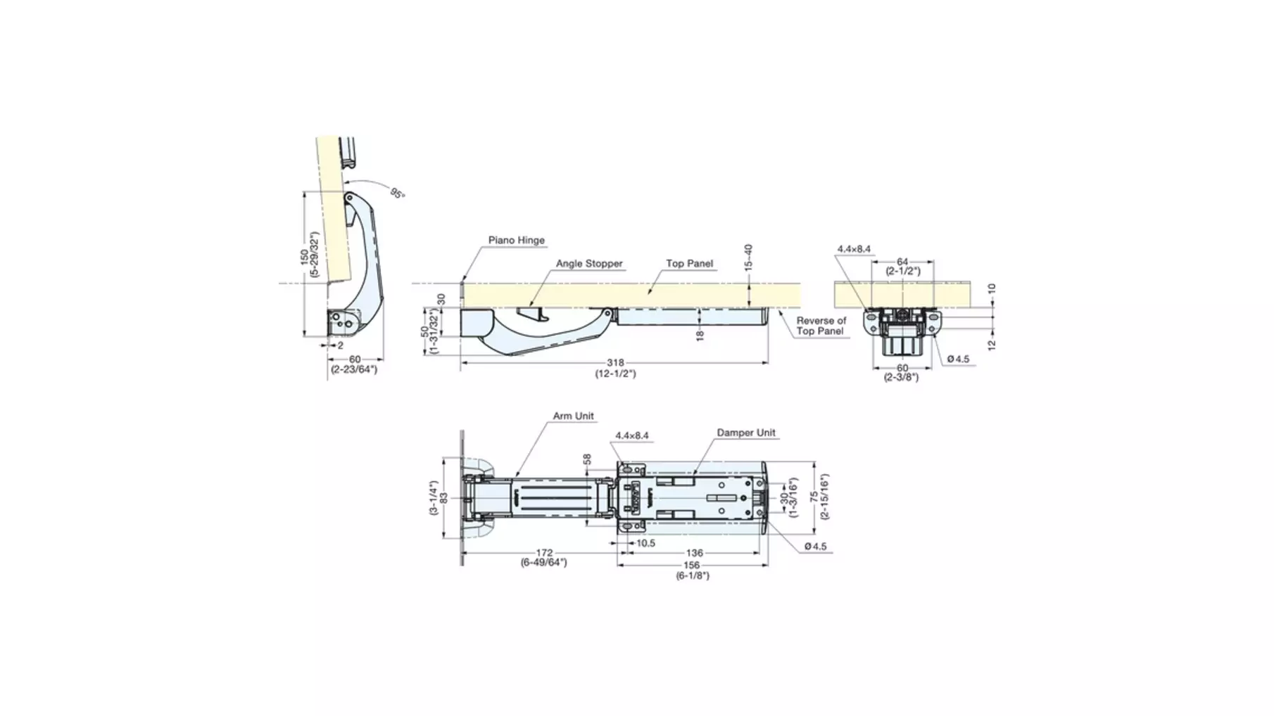 Klepopener met soft close, 13.5-16.0N, met stopper op 95gr