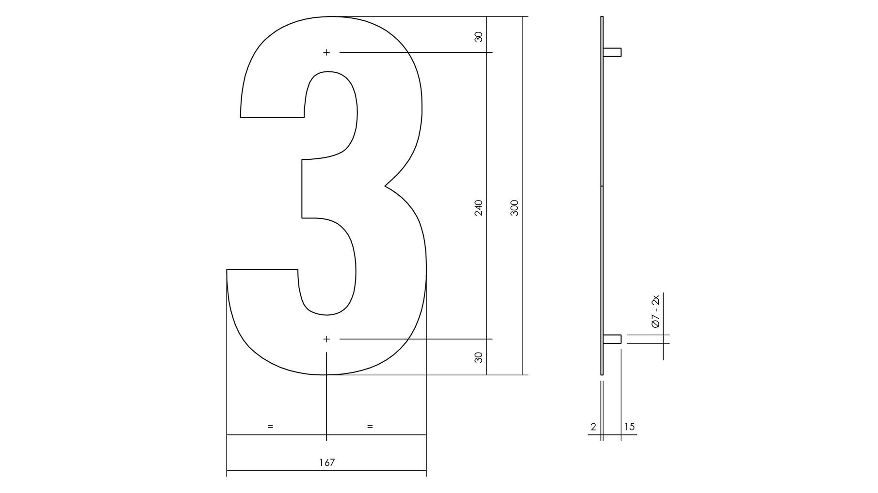 Huisnummer 3 XL hoogte 30cm RVS/mat zwart