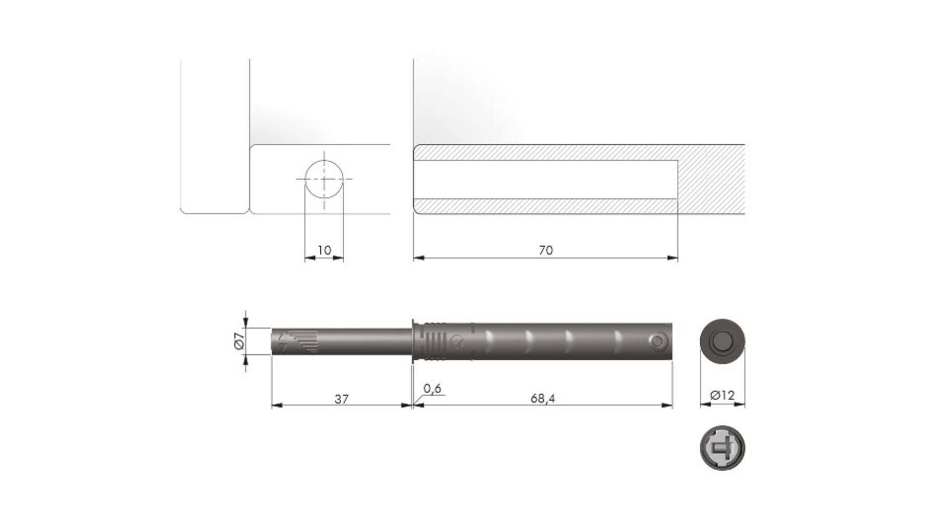 K Push Tech, lang, wit, buffer, slag 37mm