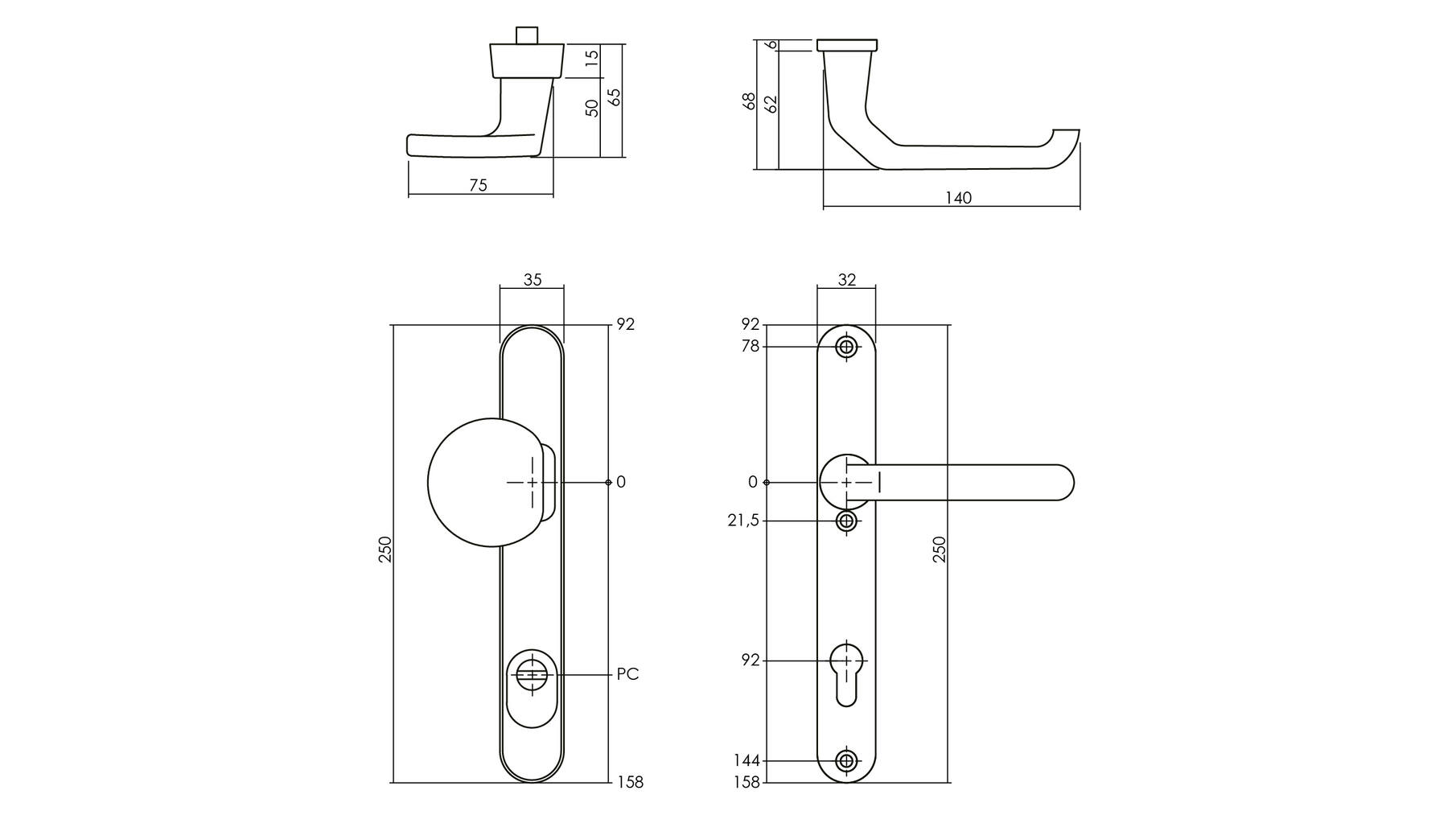 Smal SKG3 greep/kruk PC 92mm+kerntrekbev. alu