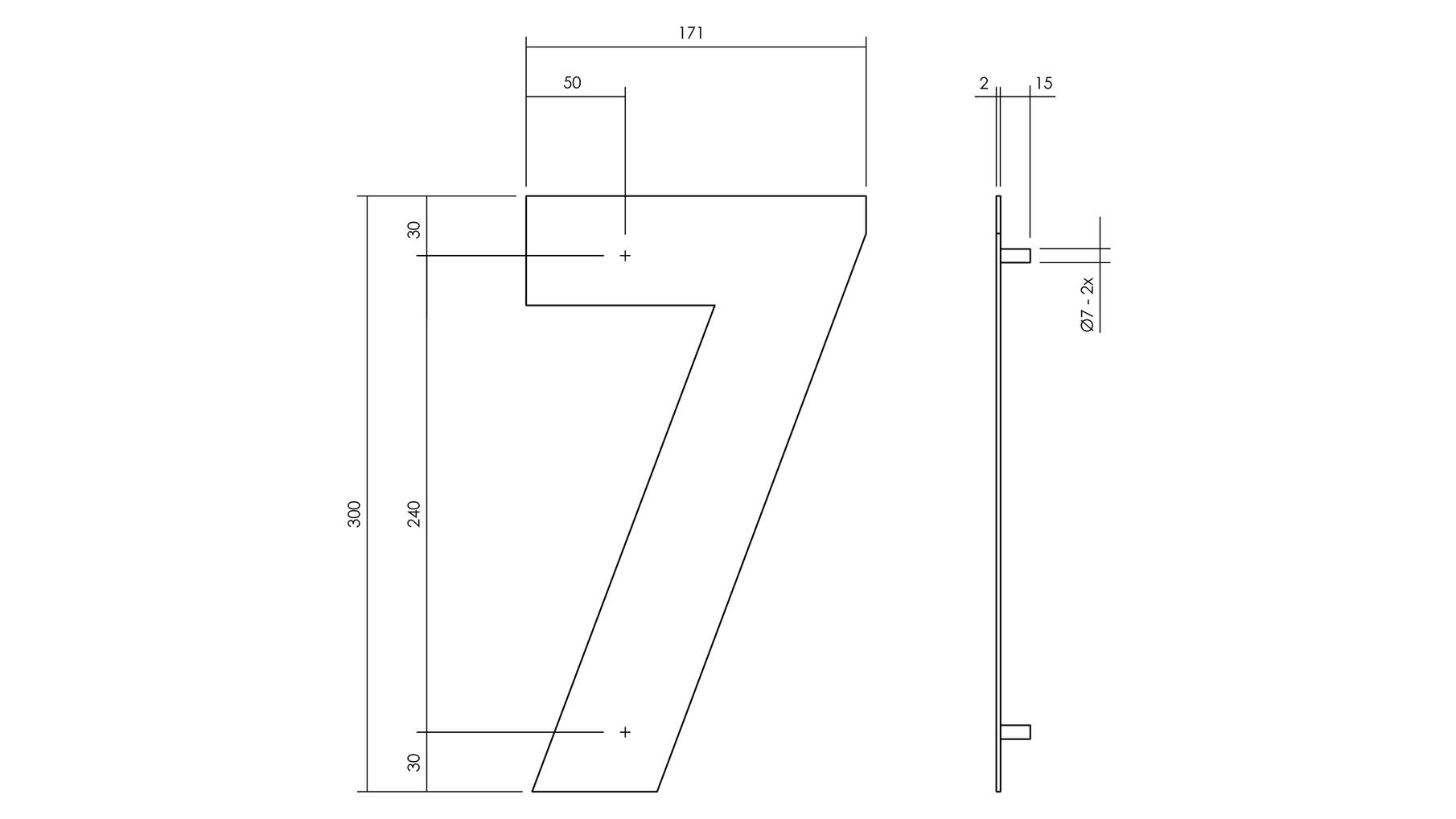 Huisnummer 7 XL hoogte 30cm RVS/mat zwart