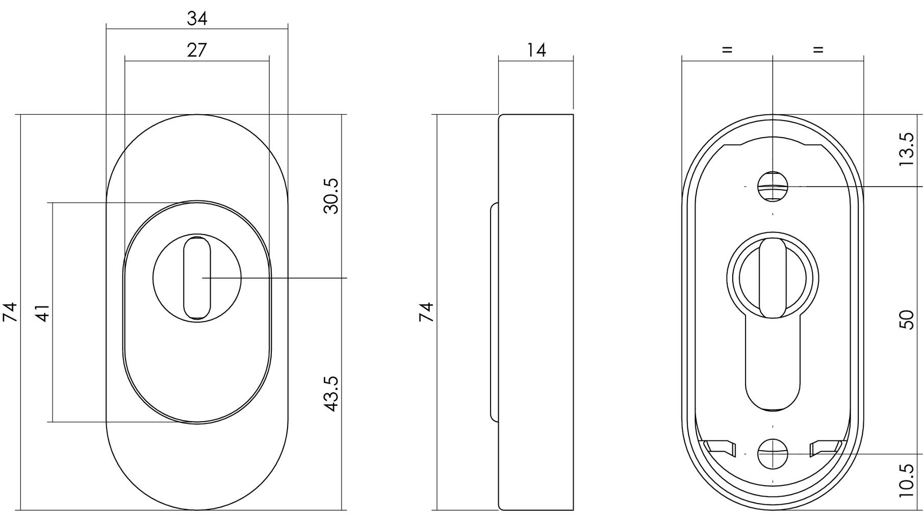 Veiligheid-schuifrozet ovaal 74x34x15mm+kerntrekbev. RVS