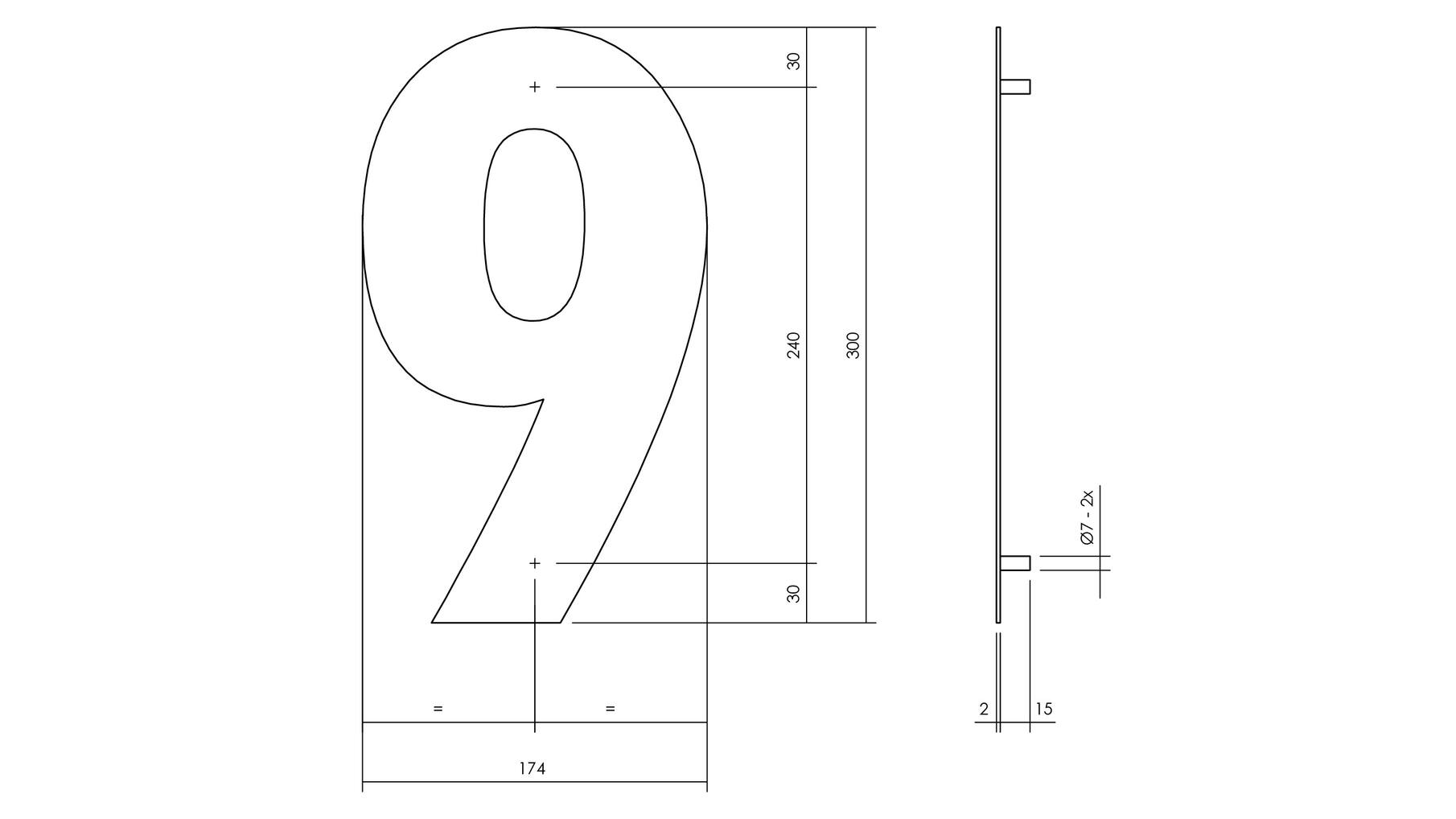 Huisnummer 9 XL hoogte 30cm RVS geborsteld