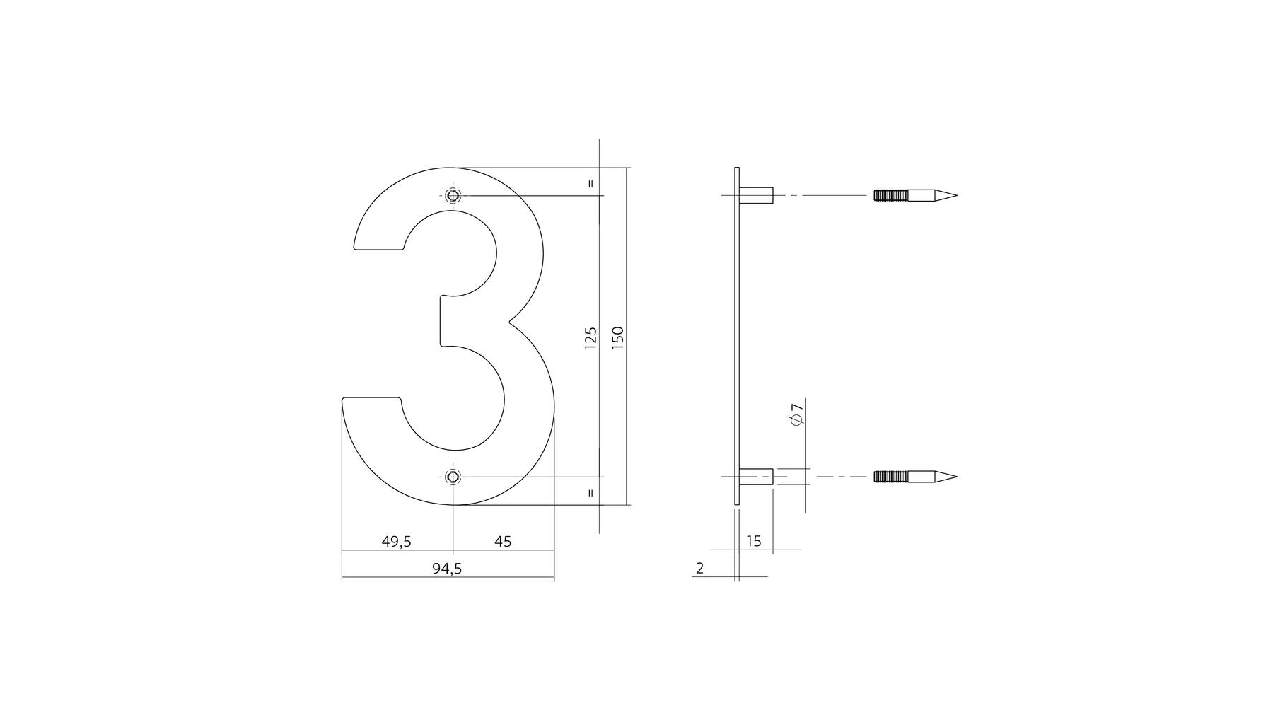 Huisnummer 3 150x2mm RVS geborsteld