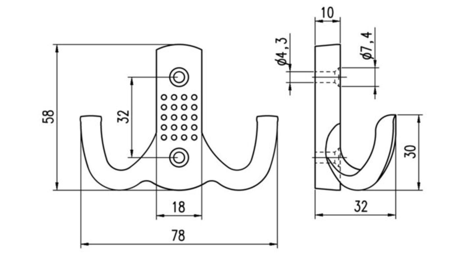 Jashaken RVS look, dubbele haak, 47x70mm, 25mm diep
