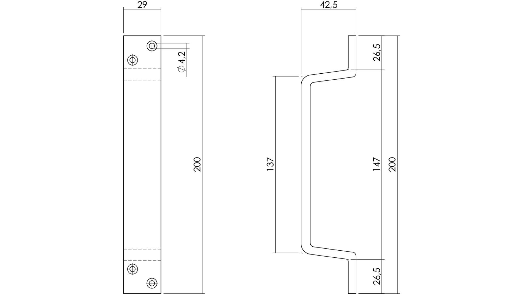Meubelgreep mat zwart 200x29mm, hoogte 42.5mm