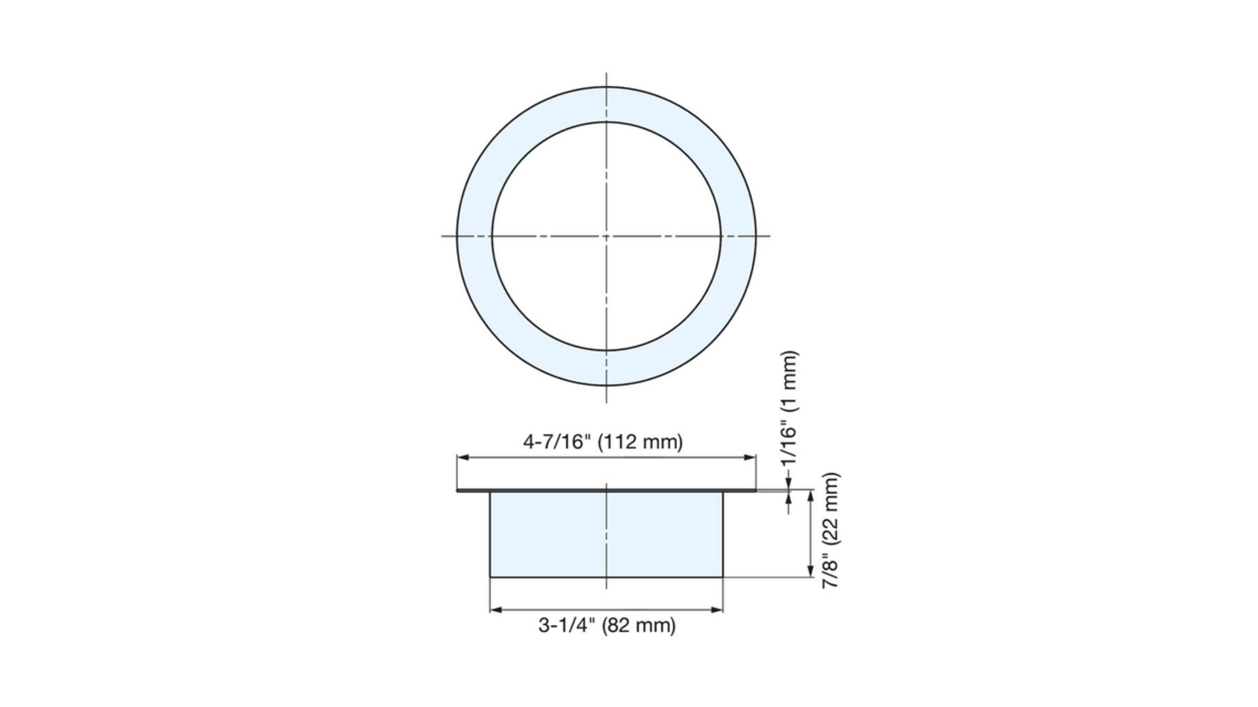 Afvaldoorlaat rond RVS mat, boormaat 82mm, buitenmaat 112mm