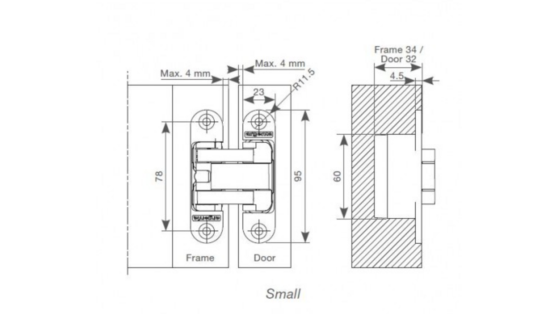 Scharnier invisible Small mat wit  RAL9016 95x23mm