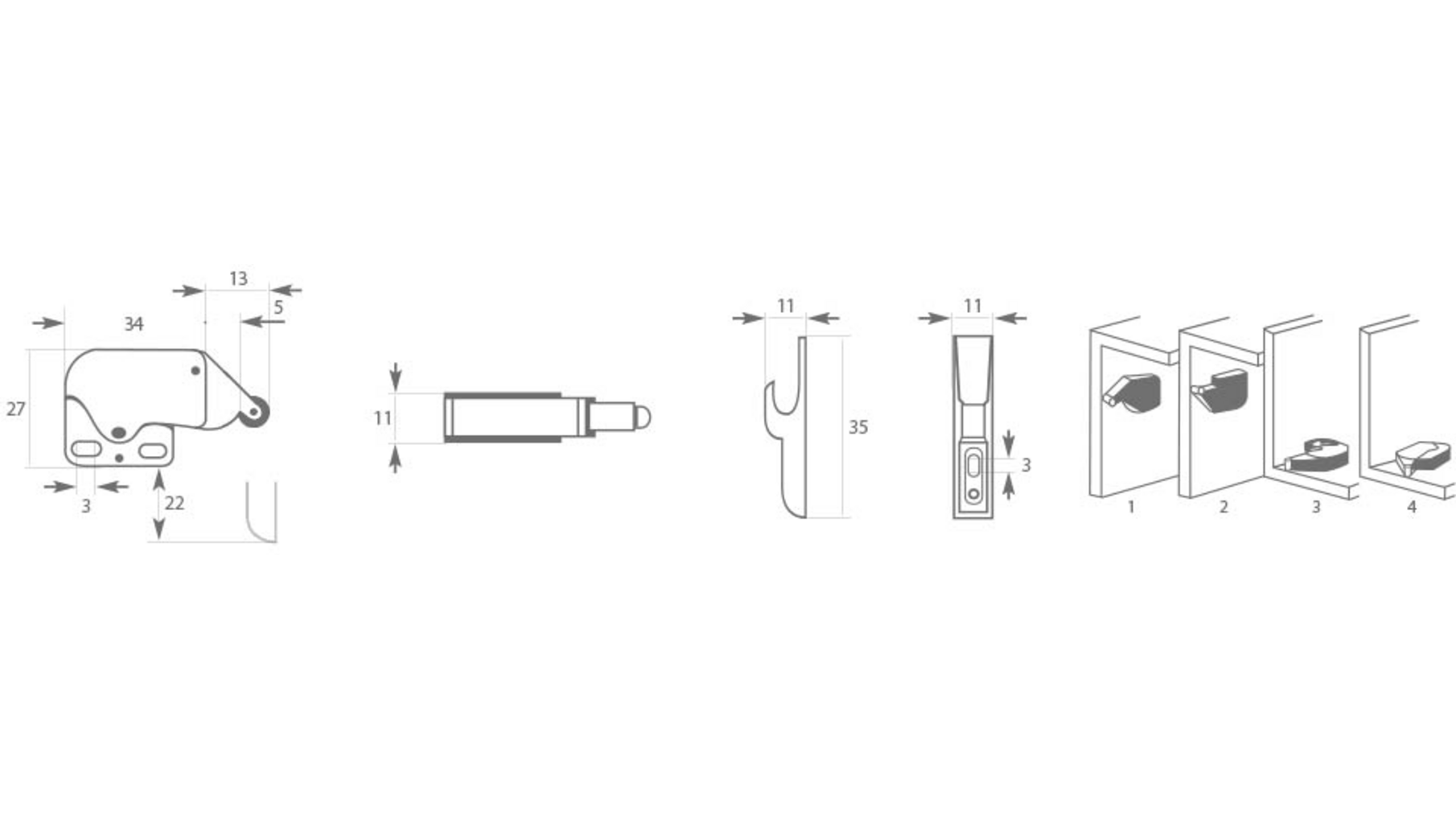 Druksnapper mini touch latch vernikkeld, aanslag wit