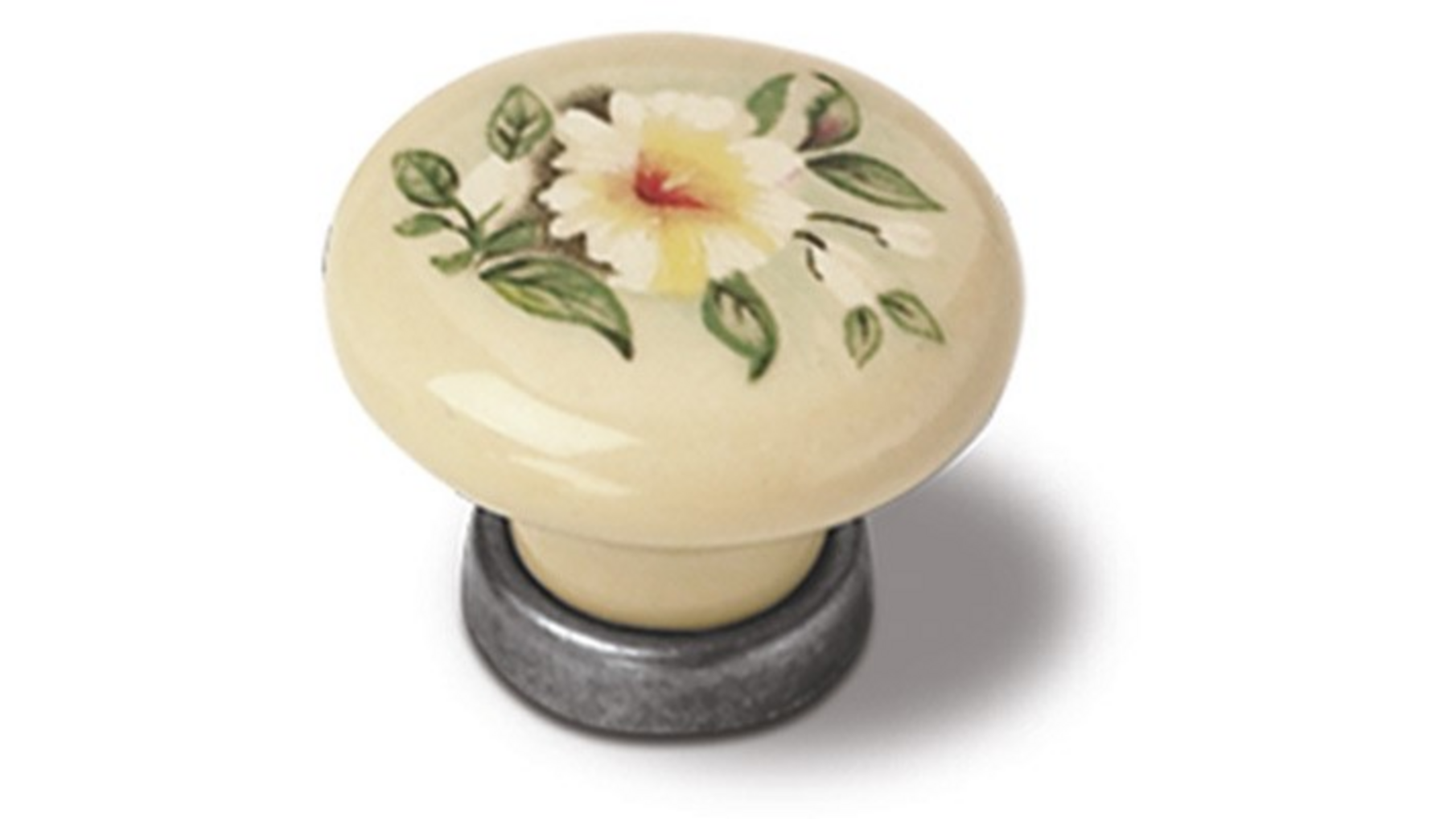 Knop ivoor porselein met bloemmotief, 30mm, voetje oud tin