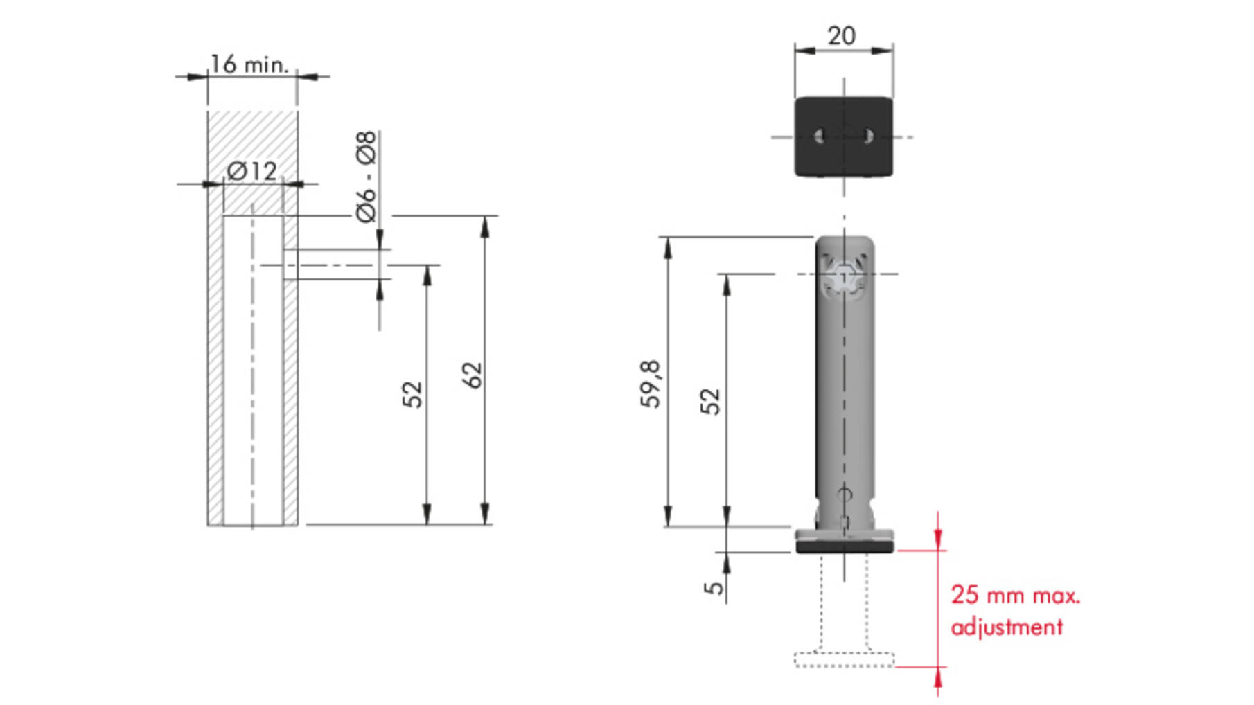 Stelvoet REKORD TECH diameter 12mm gat op 52mm, hoogte 65mm