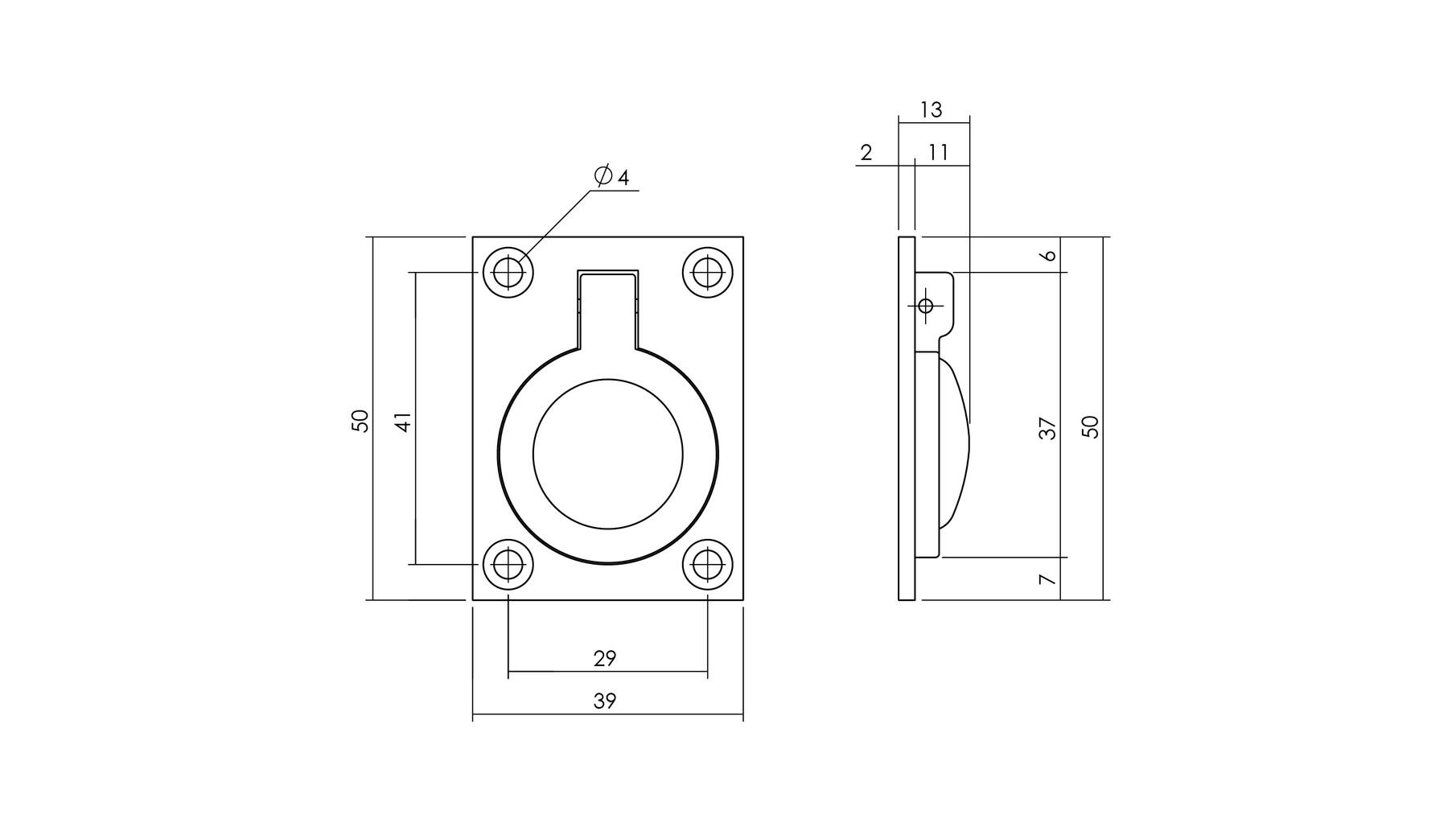 Luikring rechthoekig 50 x 39 mm mat zwart