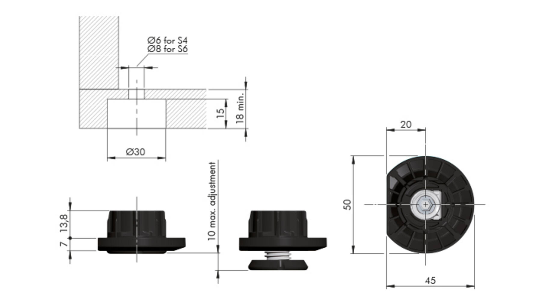 Stelvoet Integrato TECH  Z verstelbaar draagkracht 175kg,