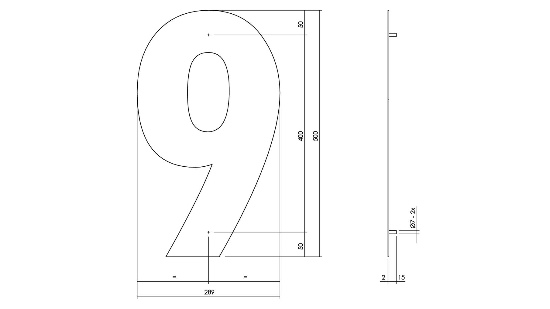 Huisnummer 9 XXL hoogte 50cm RVS geborsteld